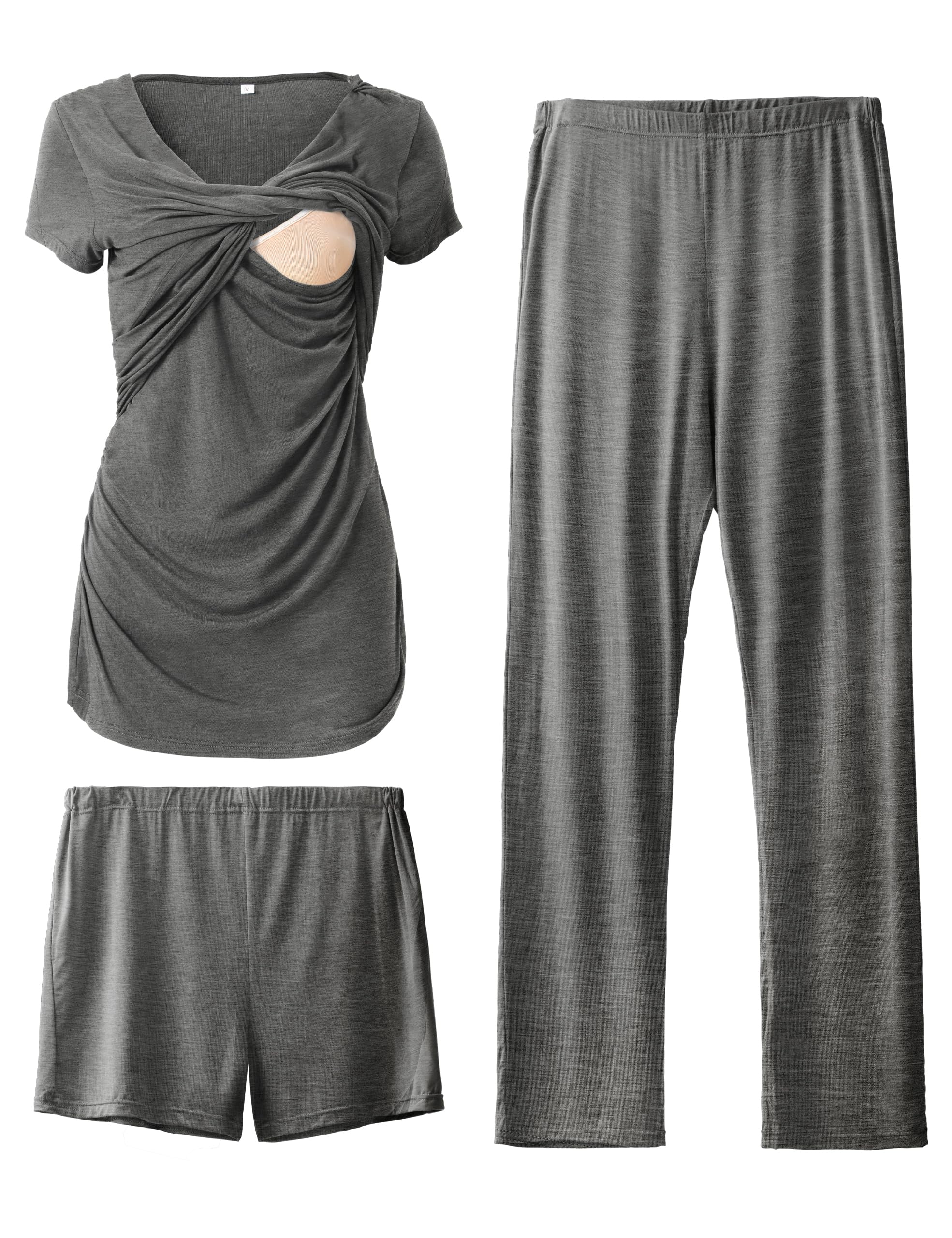 SUNNYBUY Women's Maternity Postpartum Pajamas Set, Breastfeeding Tops，Adjustable Pregnancy Shorts & Pants 3 Piece Nursing PJS