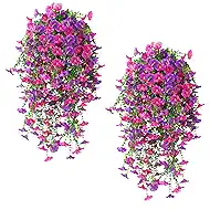 Artificial Hanging Flowers for Outdoors, 2Pcs UV Resistant Fake Flowers, Realistic Faux Petunias Silk Long Vines Morning Glory Eucalyptus for Outside Planter Porch Patio Home Decor, Mix