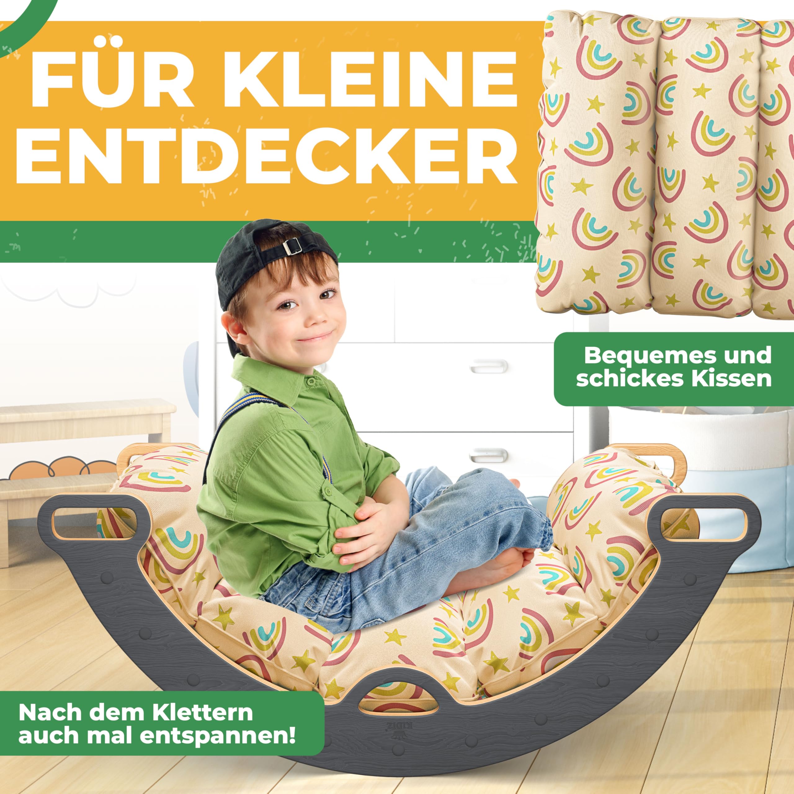Kidiz® Klettergerüst Montessori 7in1 Spiel-Set mit Kletterbogen Rutsche Kletterdreieck aus Holz inklusive Kissen, Tafel & Lern-Uhr | Indoor Spielplatz für Kleinkinder ab 1 Jahr & Kinder bis 3 Jahre