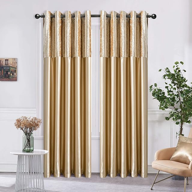 ROOEE Crushed Velvet Faux Silk Curtains - Eyelet Ring Top and Fully Lined. Color Champagne Gold Size - 46" x 90"
