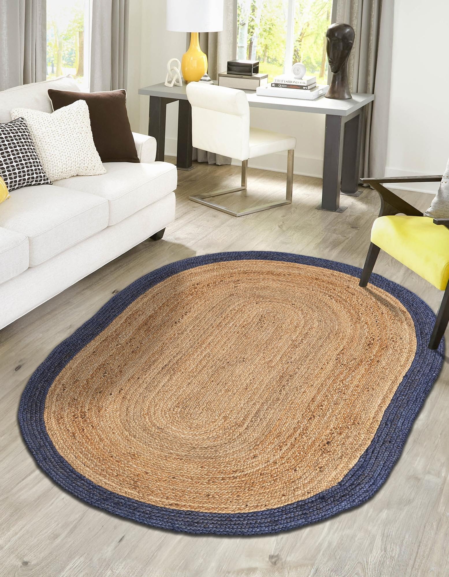 Trademoon Indian Handmade Braided Navy Blue Border with Inner Natural Jute Area Rug, Jute Rug, Living Room, Bedroom, Doormat Rug Size - 2.3 x 4 Feet Oval (69 cm x 120 cm)
