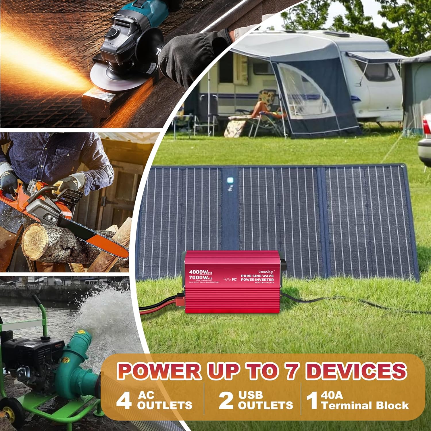 LEESKY 4000W Pure Sine Wave Inverter connected to a solar panel, powering various devices, highlighting its 4 AC outlets, 2 USB outlets, and 1 40A terminal block