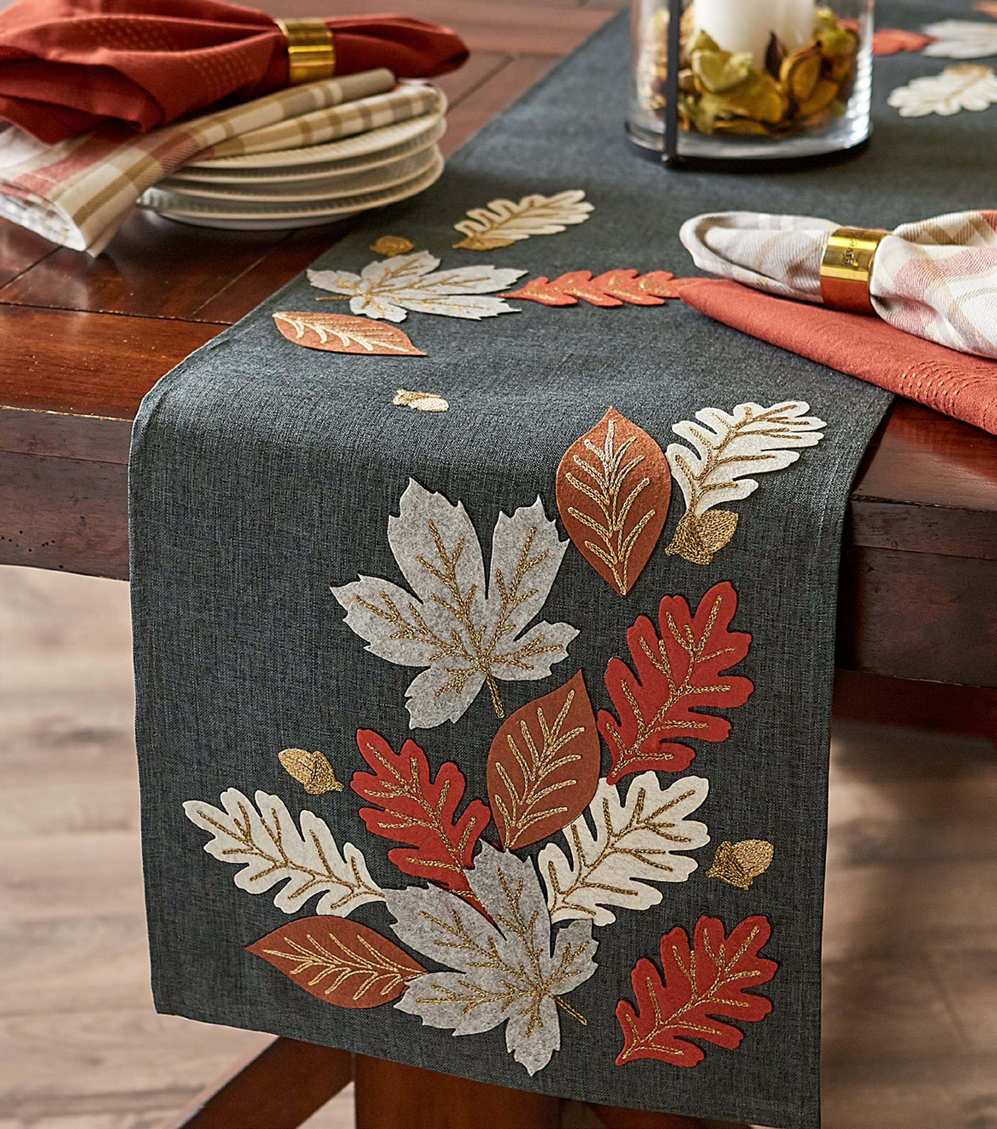 Runner Da Tavolo Autunnale DII Ricamato - 35,6x177,8 Cm, Foglie Sparse, Perfetto Per Il Ringraziamento