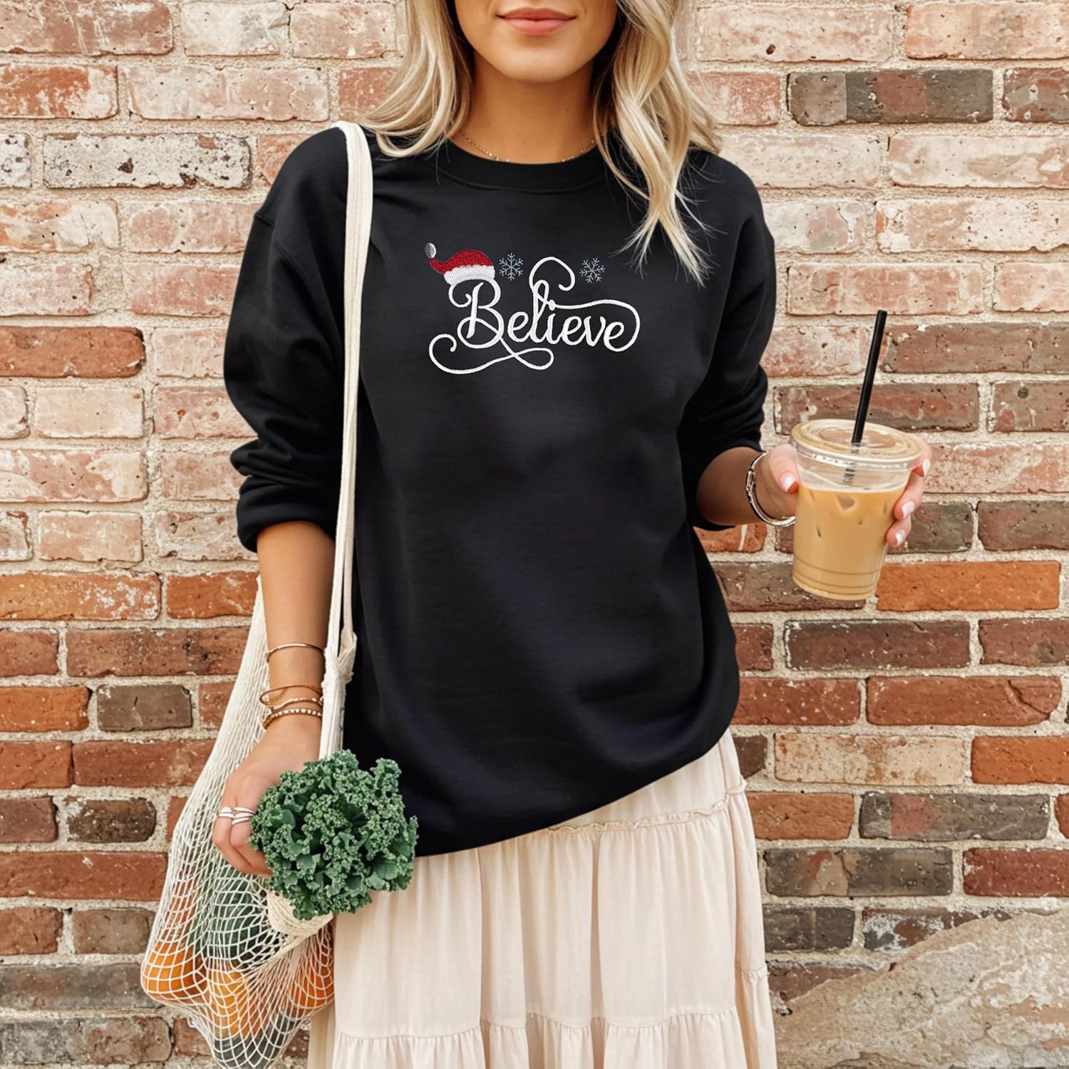 Christmas Sweatshirts for Women Believe Embroidered Cute Christmas Hat Xmas Holiday Party Pullover Blouse - Image 3