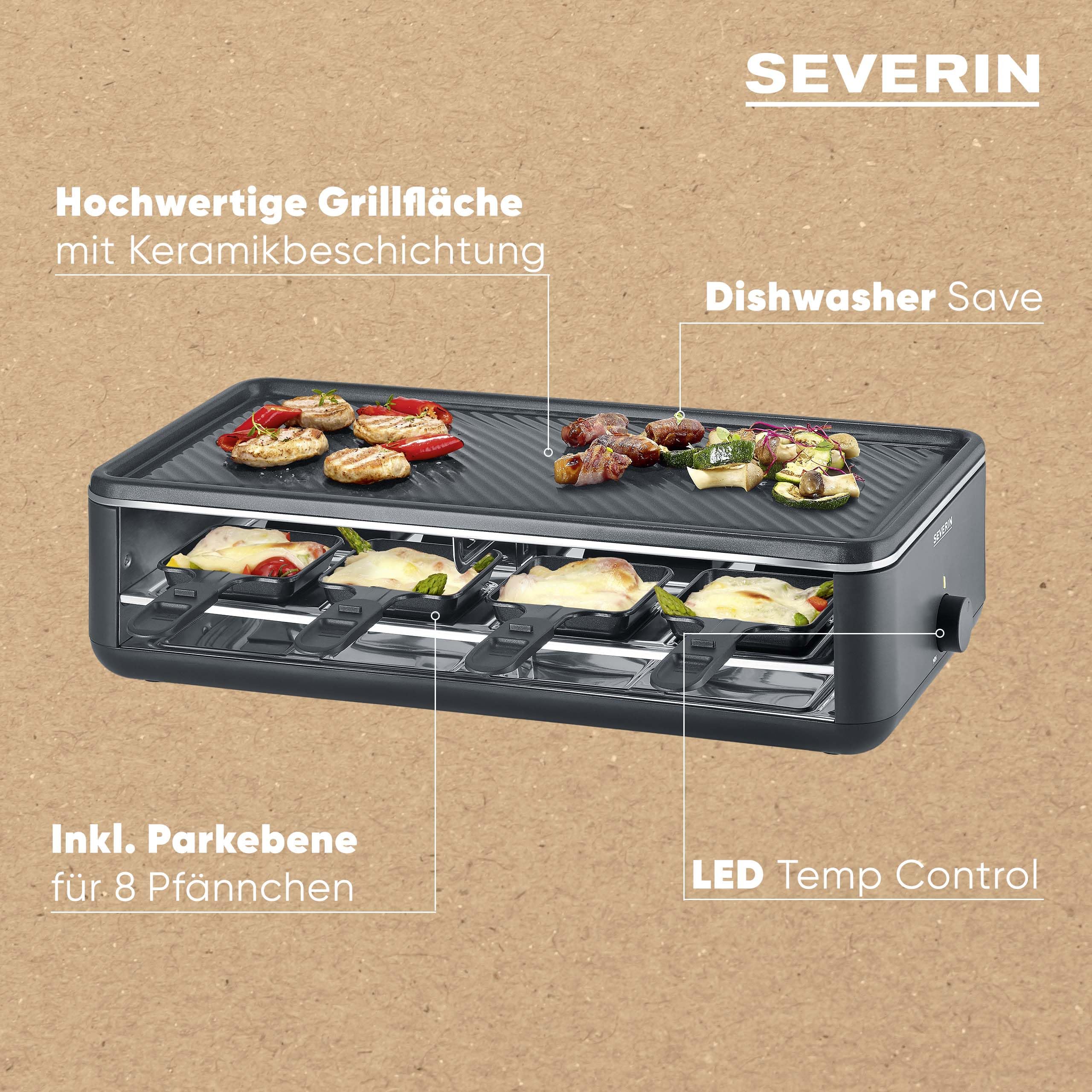 SEVERIN Raclette-Grill RG 2365 für 8 Personen, antihaftbeschichtete Grillplatte, spülmaschinengeeignet, Black Line Lite