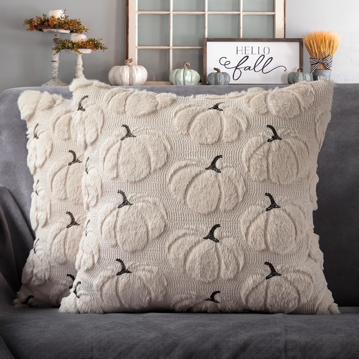4TH Emotion Fall Pumpkins Decorative Pillow Covers 18"x18" Set of 2, Beige Soft Plush Faux Fur Throw Cushion Cases for Autumn Thanksgiving Holiday Home Decorations