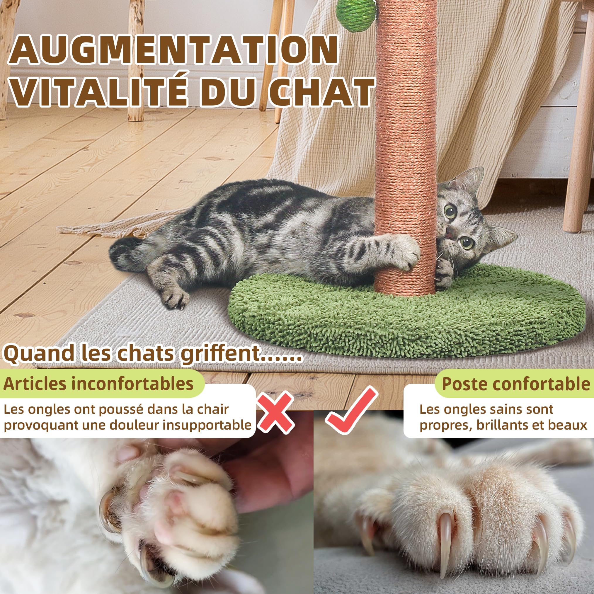 Meowoou Griffoir pour Chat, 84 cm Mignon Grattoir avec Corde Sisal d'Intérieur Palmier avec Balles Suspendues pour Petit, Moyen ou Grand Chat