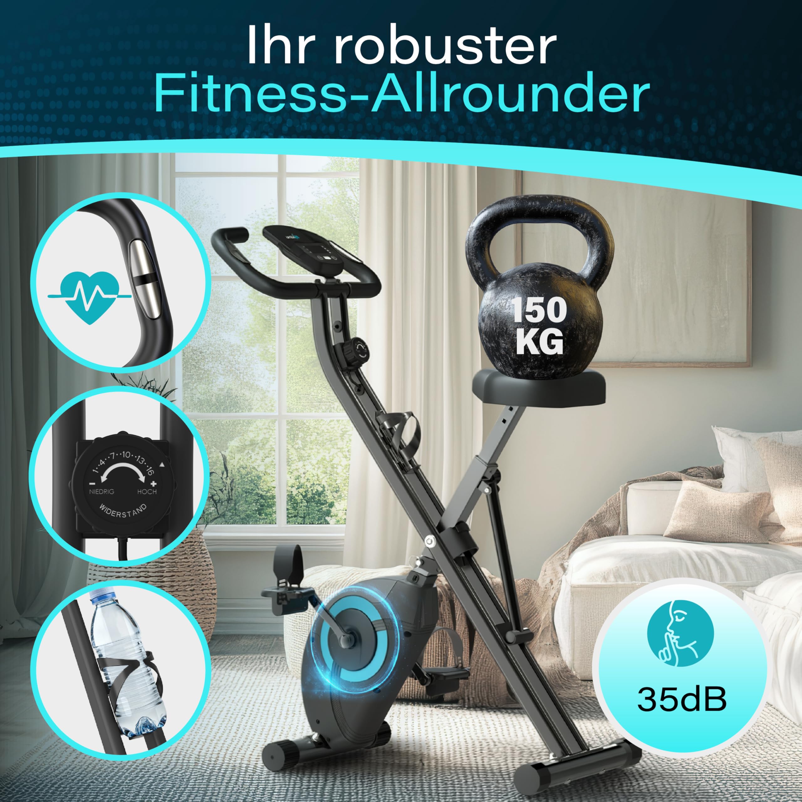 Heimtrainer Fahrrad mit Magnetbremse klappbar [16 Widerstandsstufen] Ergometer Heimtrainer Pulssensoren & LCD-Display | Crosstrainer für Zuhause | Hometrainer Fahrrad Fitnessbikes - Ambifit X-Bike