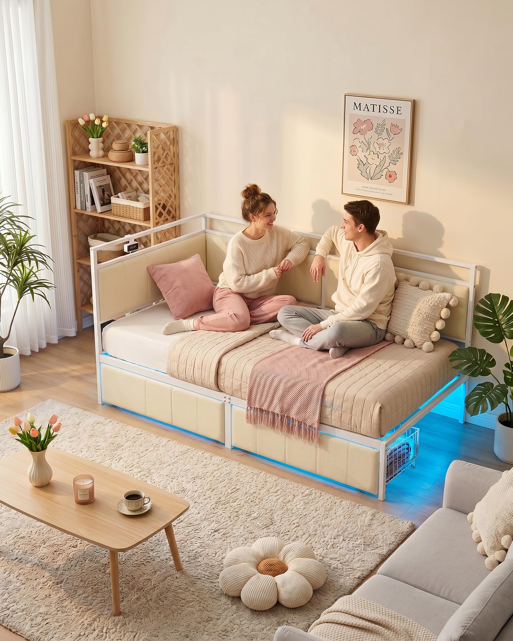 Cama para adolescentes, 90 x 200 cm, sofá cama, cama de día con almacenamiento, cama tapizada con cabecera acolchada, marco de cama de metal, blanco/beige, terciopelo