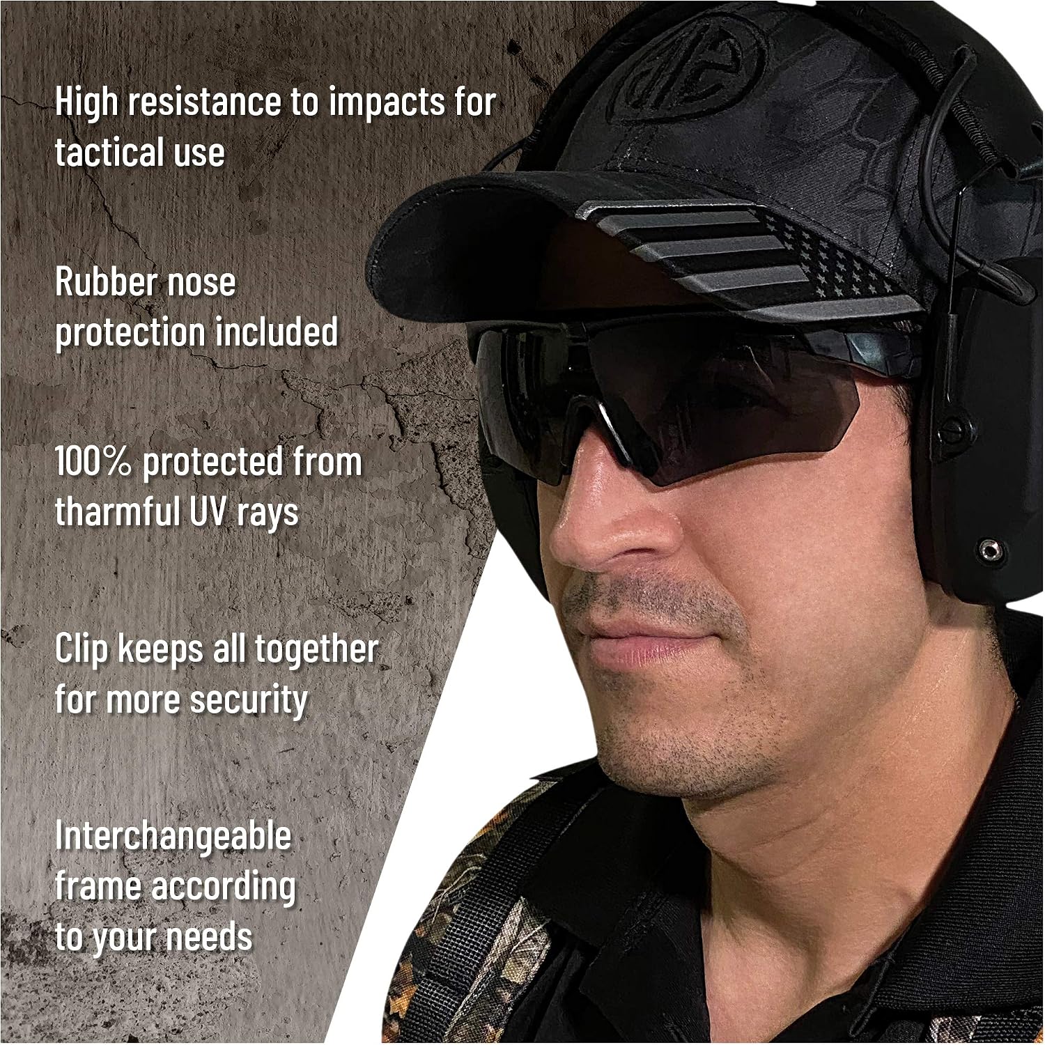 Tactical Shooting Glasses, 3 Interchangeable Lenses, Explosion-Proof | Meets safety standards for impact resistance. Water resistant, with rubber nose protection and corrective mount support.