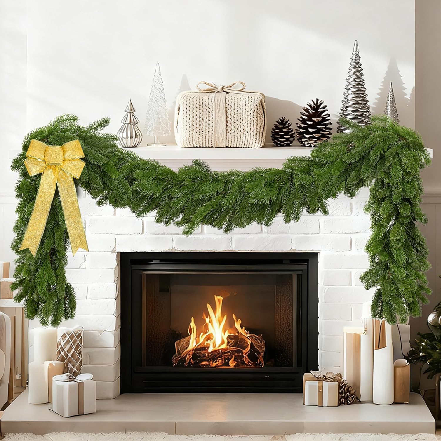 Palonu 1 Pack 6 Ft Artificial Christmas Norfolk Garland, Faux Green Cedar Touch Like Real Pine Needles, Fake Winter Greenery Decoration for Indoor Outdoor Xmas Fireplace Table Mantle Stairs Decor 6FT 1