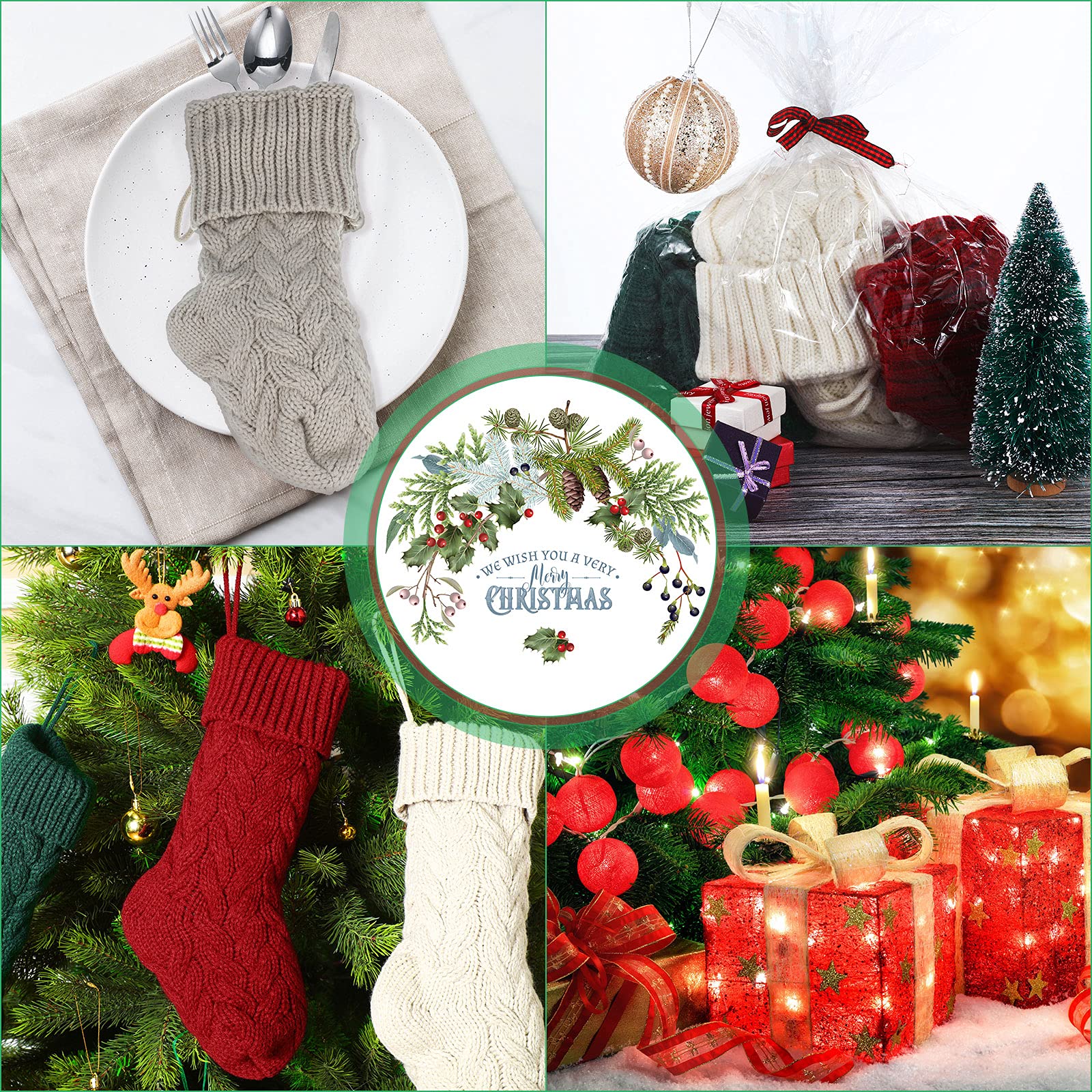 12 Stück Weihnachtsstrümpfe 37,8 cm Zopfmuster gestrickte Weihnachtsstrümpfe Weihnachtsstrümpfe hängende Weihnachtsstrümpfe für Weihnachten Kamin Büro Urlaub Dekoration (Weinrot, Weiß, Leinen,