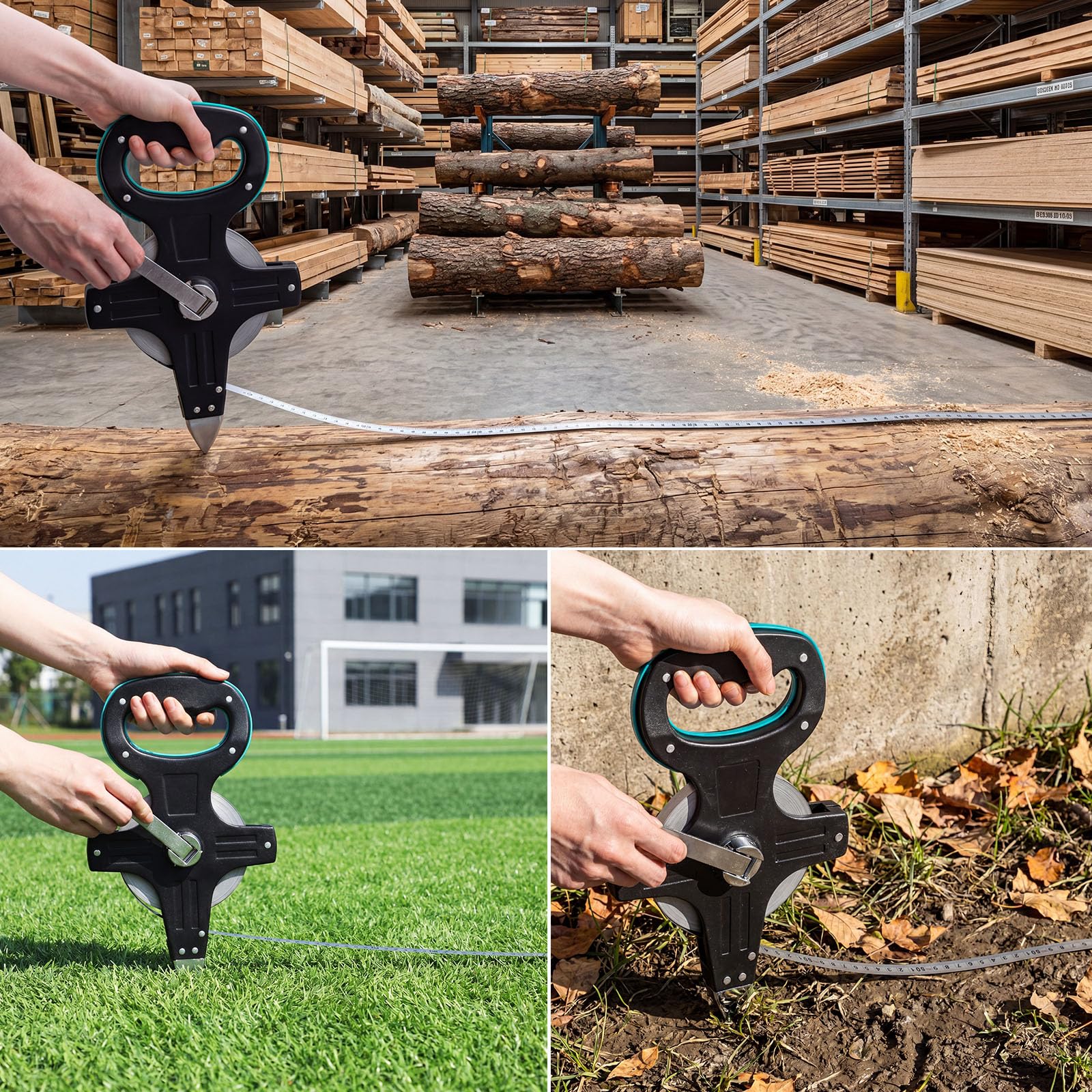 Tellegloww Cinta métrica de acero de larga distancia de 330 pies, carrete abierto, escala métrica/doble pulgada, para topografía, ingeniería, campo deportivo, construcción de pista al aire libre