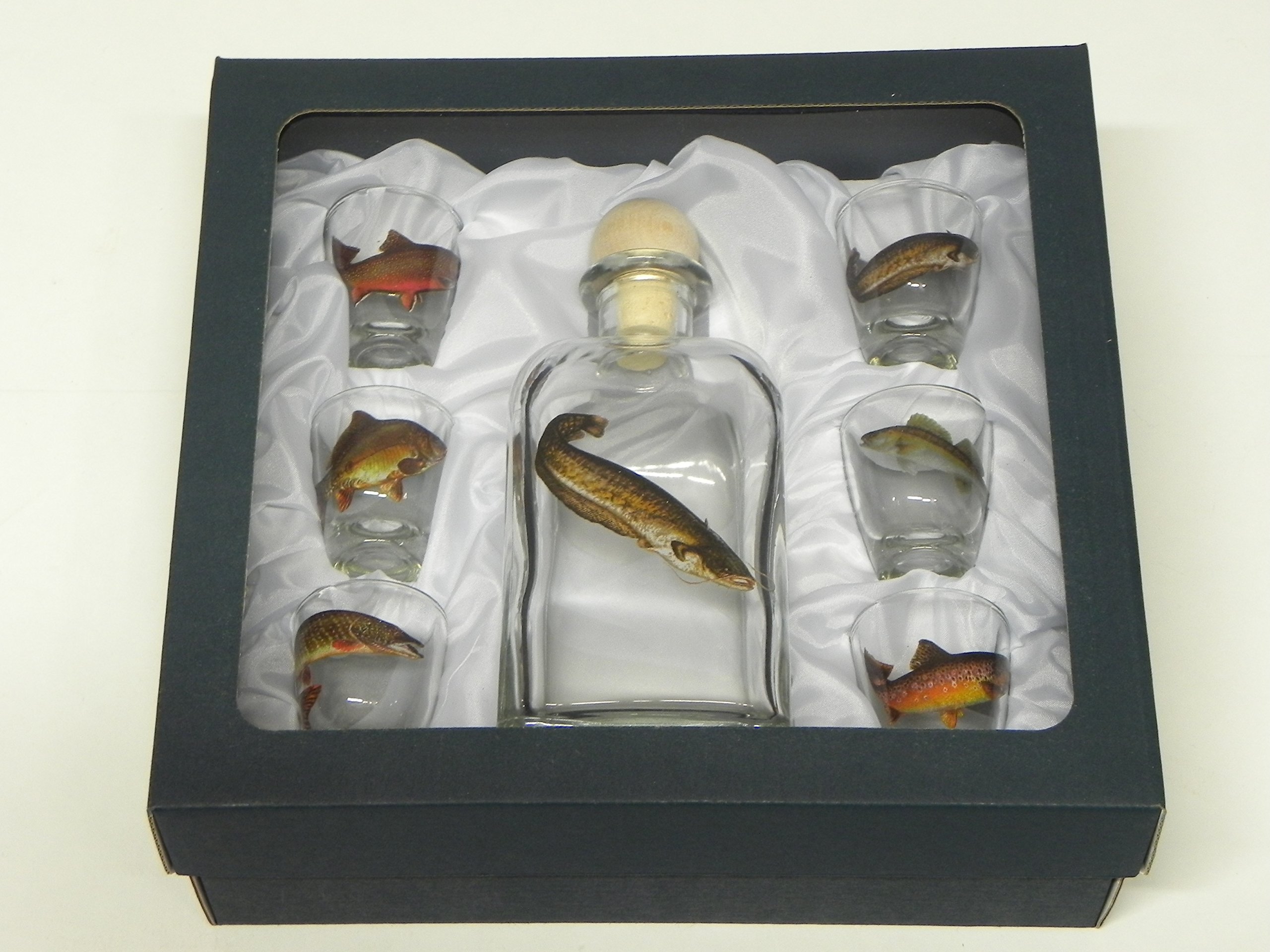 7-teiliges Schnaps Gläser Set mit Fisch Motive + Karaffe mit WELS