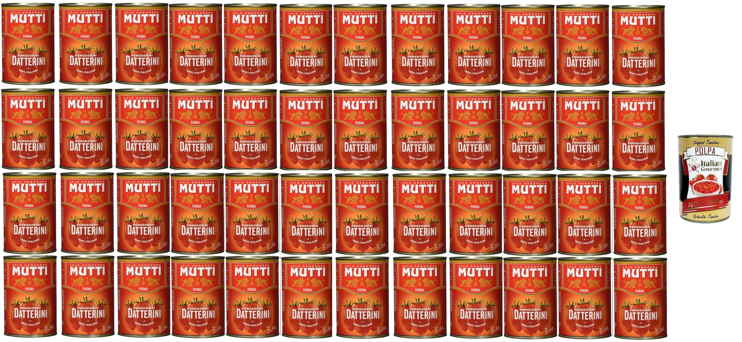 Mutti Pomodorini Datterini 48x400g Dose, ganze italienische Datteltomaten in Tomatensaft, 100% italienisch, Vorratspack für Pasta, Pizza, Saucen & Salate + Italian Gourmet polpa
