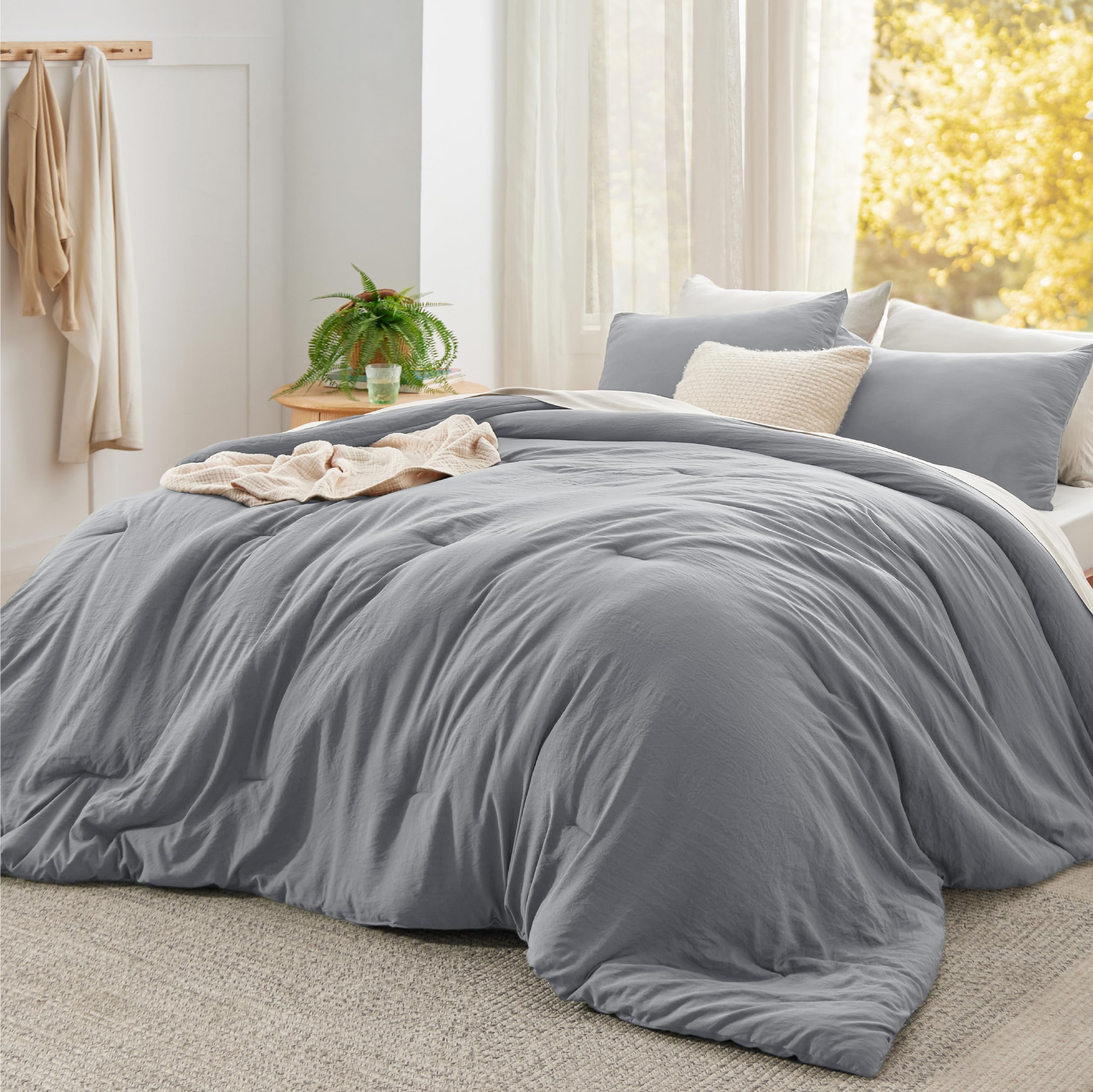 Bedsure Super King Plus Comforter Set, Grey Soft Prewashed Bedding for All Seasons, 3 Pieces GentleSoft™ Bed Set, 1 Lightweight Comforter (128"x120") and 2 Pillowcases (20"x36")