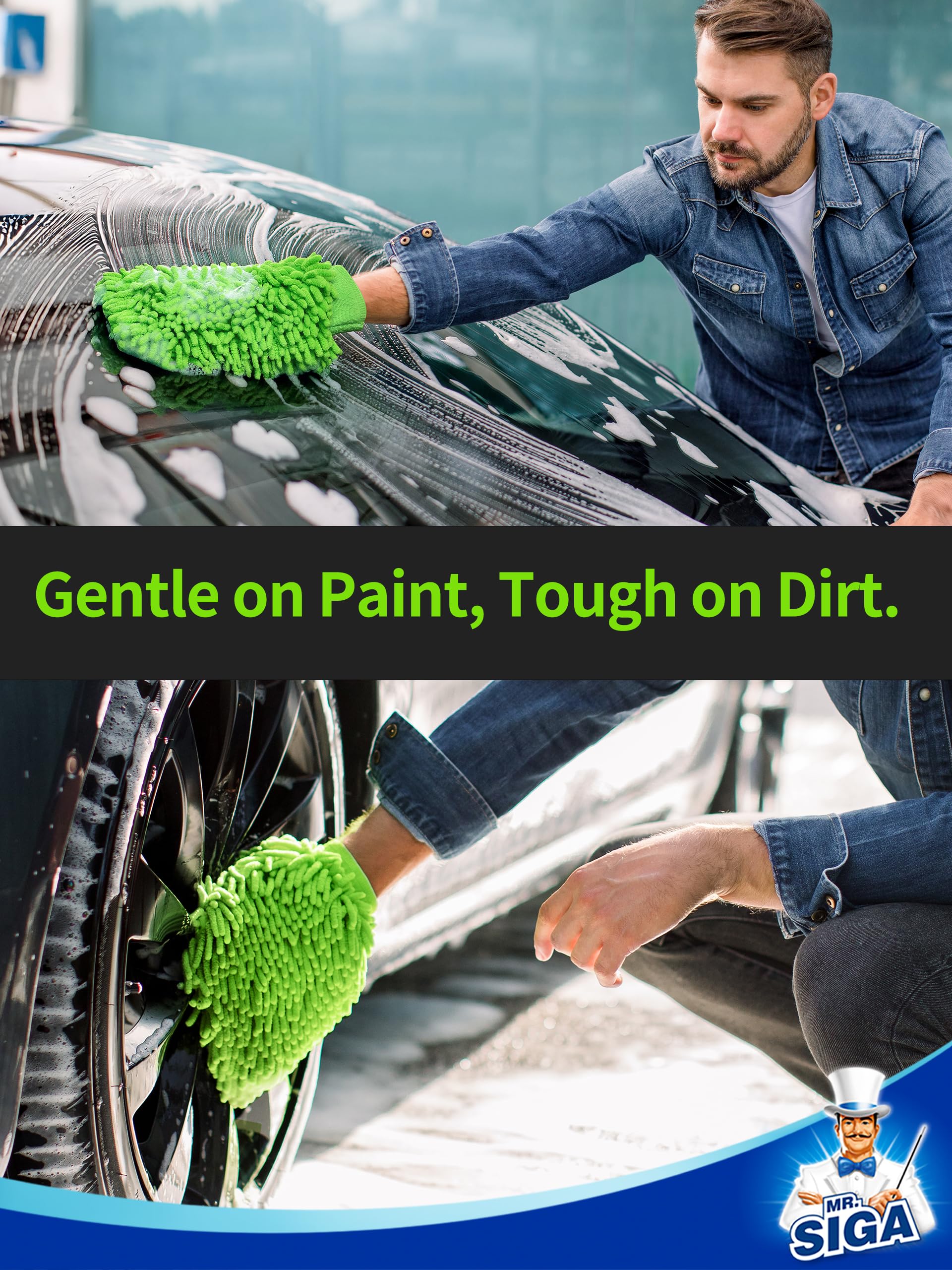 MR.SIGA Microfibre Car Wash Mitt, Super Absorbent & Scratch-Free Wash Mitt for Car Washing, Streak-Free Noodle Glove for Lifting Dirt, Pack of 2, Green & Grey — view 3