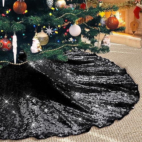 Poise3EHome Falda negra para árbol de Navidad, tapete de árbol de Navidad de 50 pulgadas con lentejuelas para árbol de 9 pies, decoración de