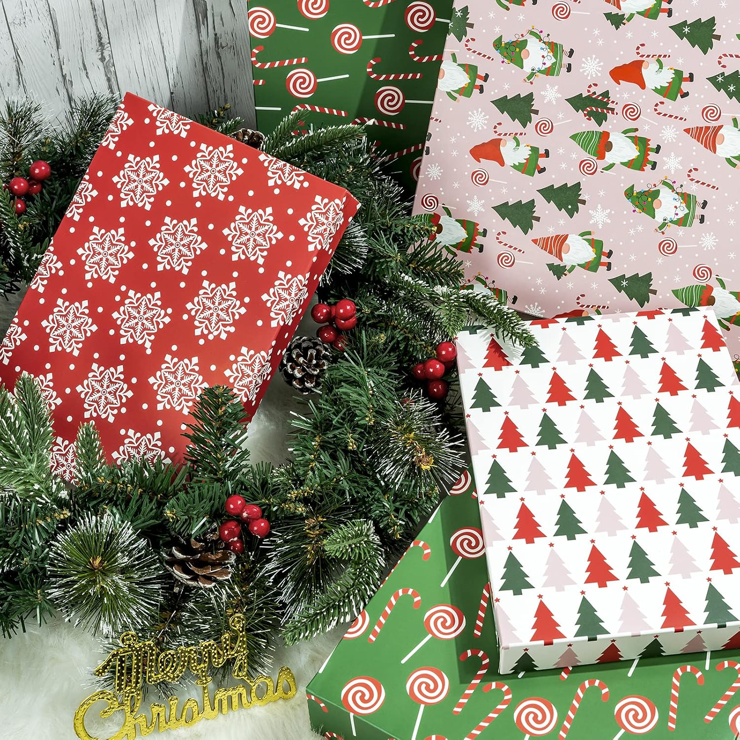 WRAPAHOLIC 12 Pack Christmas Boxes - Assorted Size Holiday T-Shirt Boxes with Lids(Red and Green Gnome, Candy Canes, Snowflakes, Christmas Trees Holiday Collection) for Gift Wrap