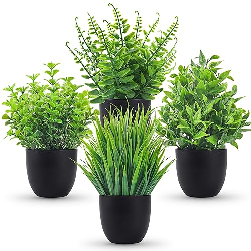 Der Rose Fake Plants 4 Packs Artificial Plants Small Faux Plants Black Bathroom Accessories for Halloween Bathroom Home Kitchen Coffee Table Office Desk Decor Indoor - Green - 4