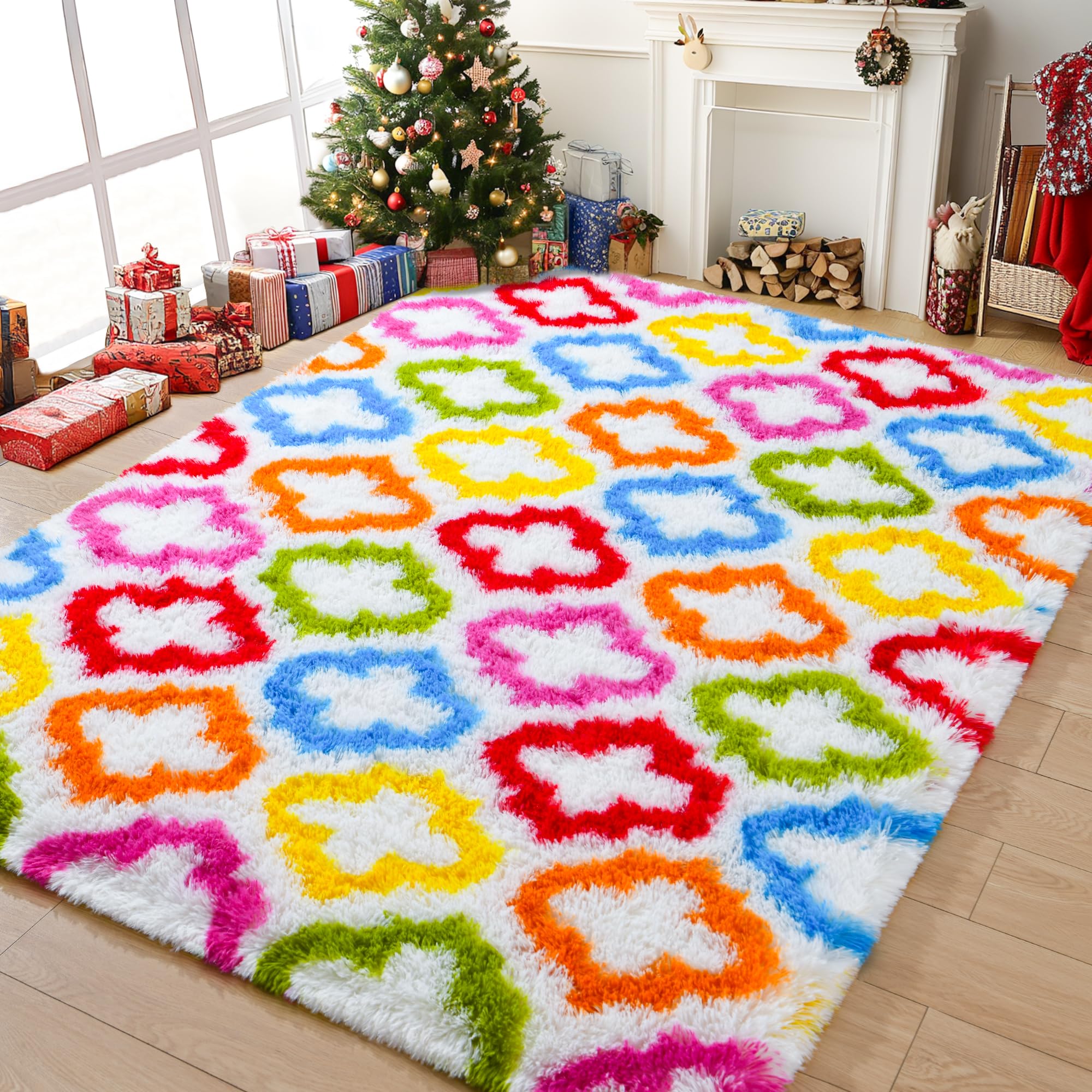 Tepook Fluffy Colorful Rug for Kids, Shaggy Soft Rainbow Area Rugs for Girls Bedroom, Indoor Modern Geometric Moroccan Rugs Plush Girls Kids Rug for