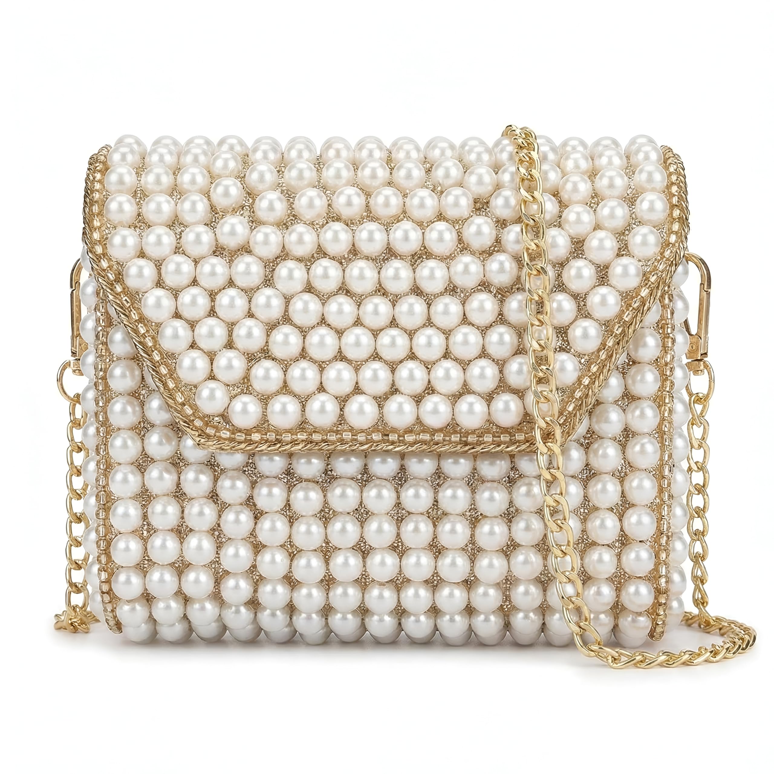 Pearl Work Rectangular Metal Clutch for Women & Girls | Designer Mini Handbag with Chain Strap | Ethnic Wedding & Party Purse | Stylish Evening Shoulder Bag-image-39
