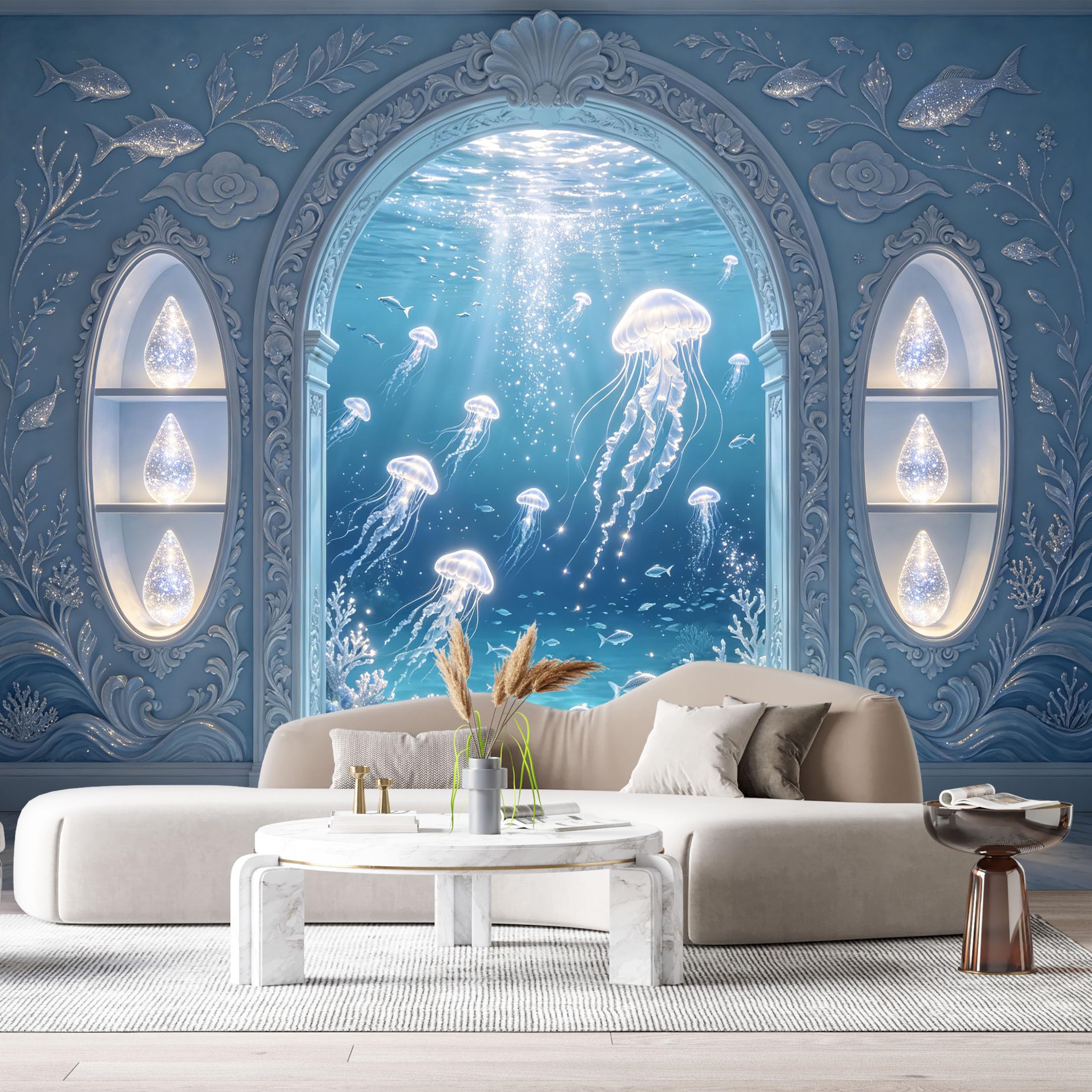 Custom Size Wall Murals Ocean Marine Underwater Archway Jellyfish 3D Trompe L'Oeil SelfAdhesiveWall Fabric Removable Wallpaper Wall Decor for Living Room Bedroom Bathroom