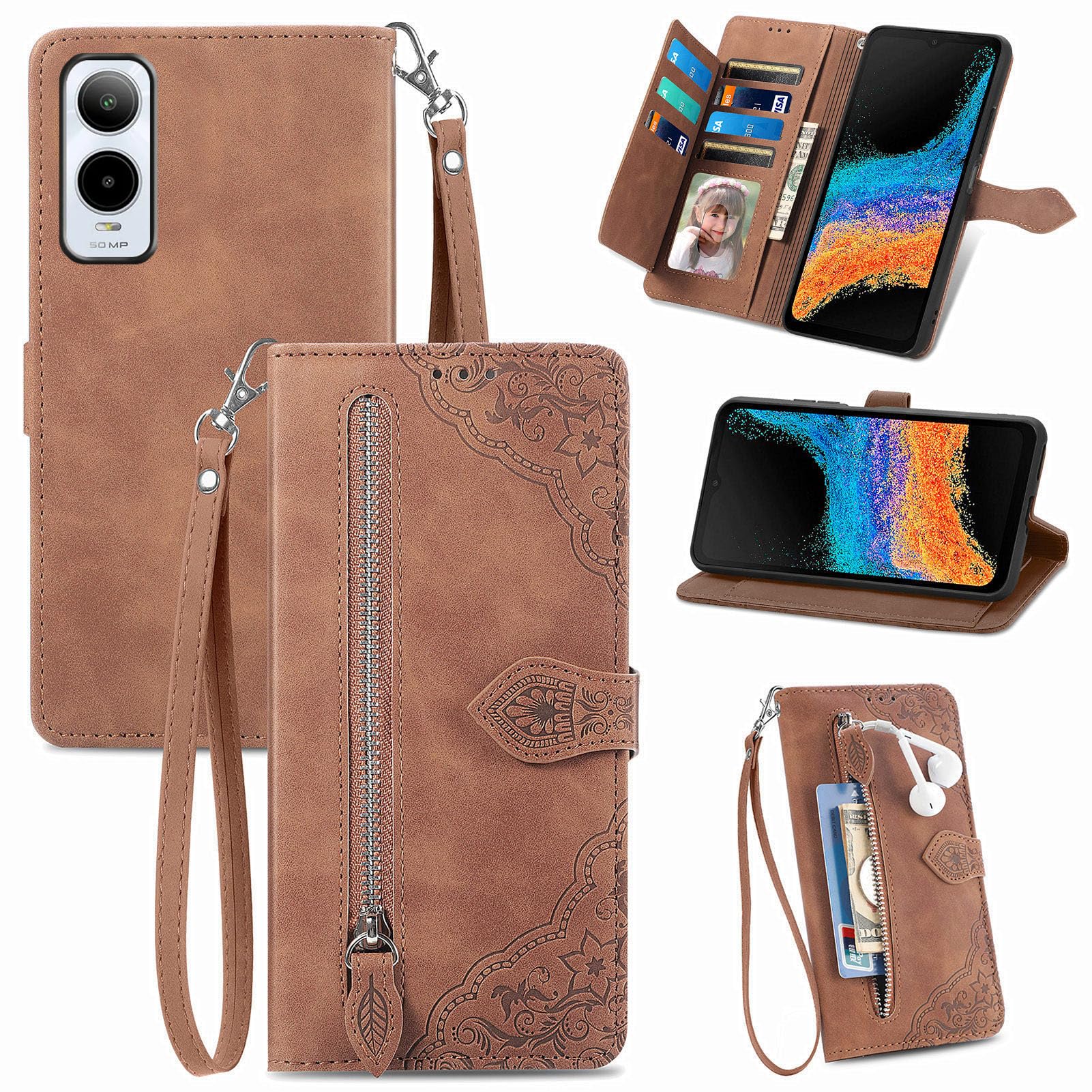 Leather Zipper Flip Wallet Case For Cricket Icon 3 Phone - Magnetic Closure  With Card Slots & Hand Strap