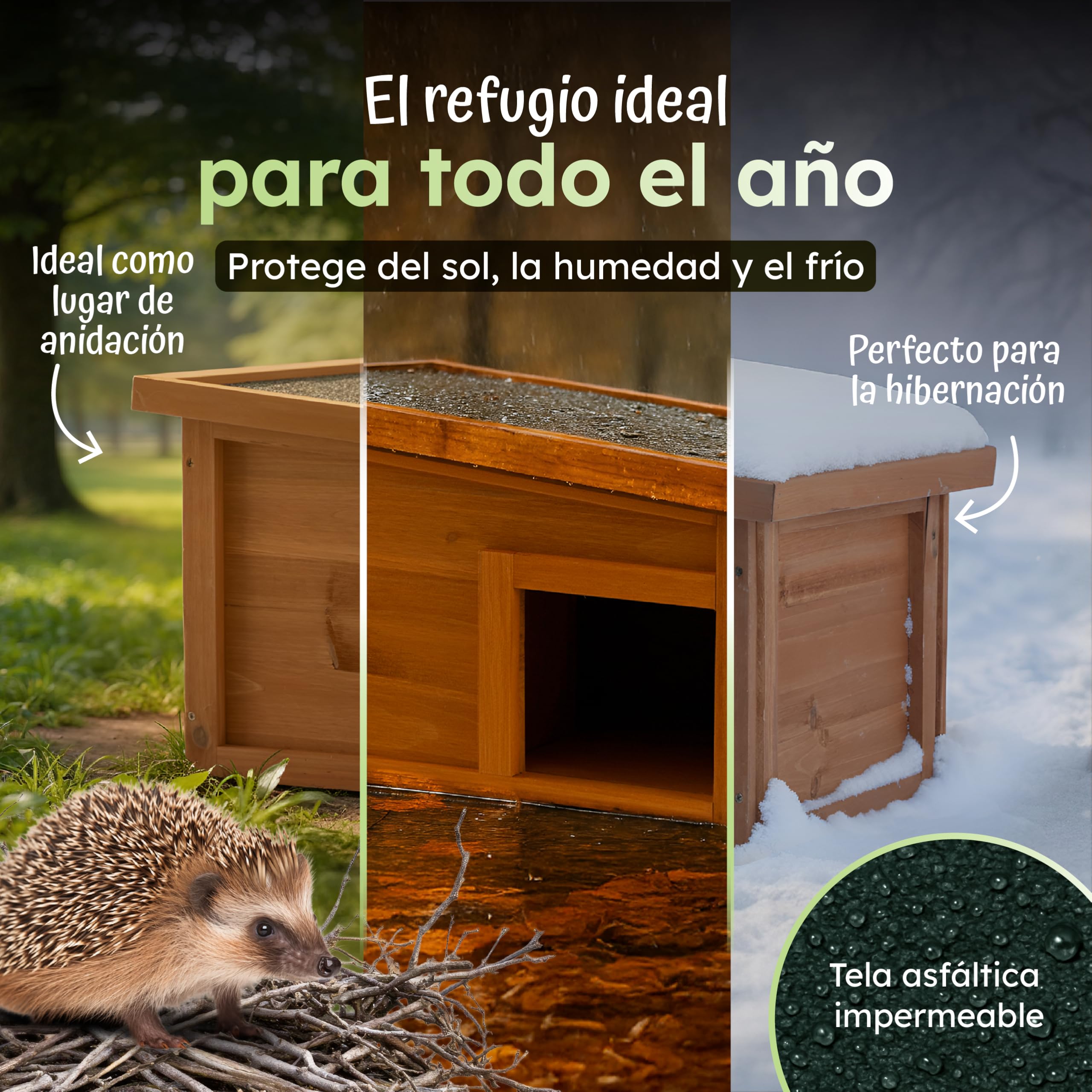 Moorland Casa de hibernación para erizos – Refugio de Invierno en Madera FSC 40×34 cm, Entrada laberíntica ventilada, Base, Techo extraíble, Resistente a la Intemperie para jardín