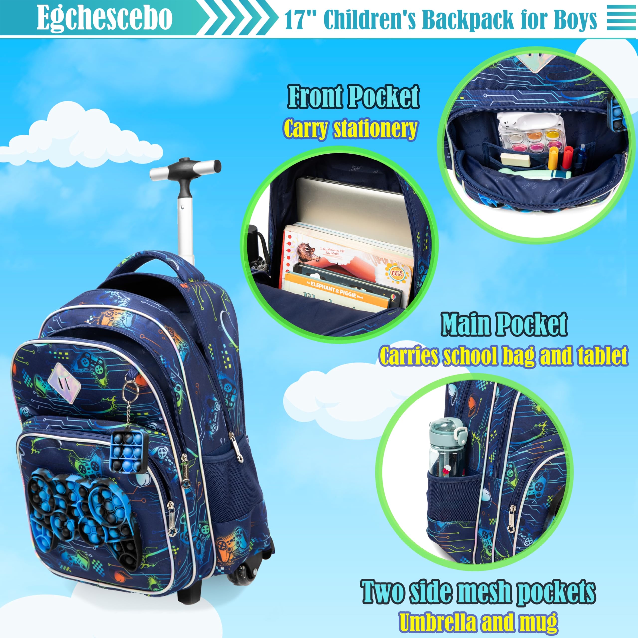 Kinder Rolling Gamepad Rucksack für Jungen Gepäck Koffer mit Rädern Trolley gerollt POP Roller Rucksäcke für Elementary Travel School Bags 17“ 3PCS Spielzeug Rucksack mit Lunch-Box Blau