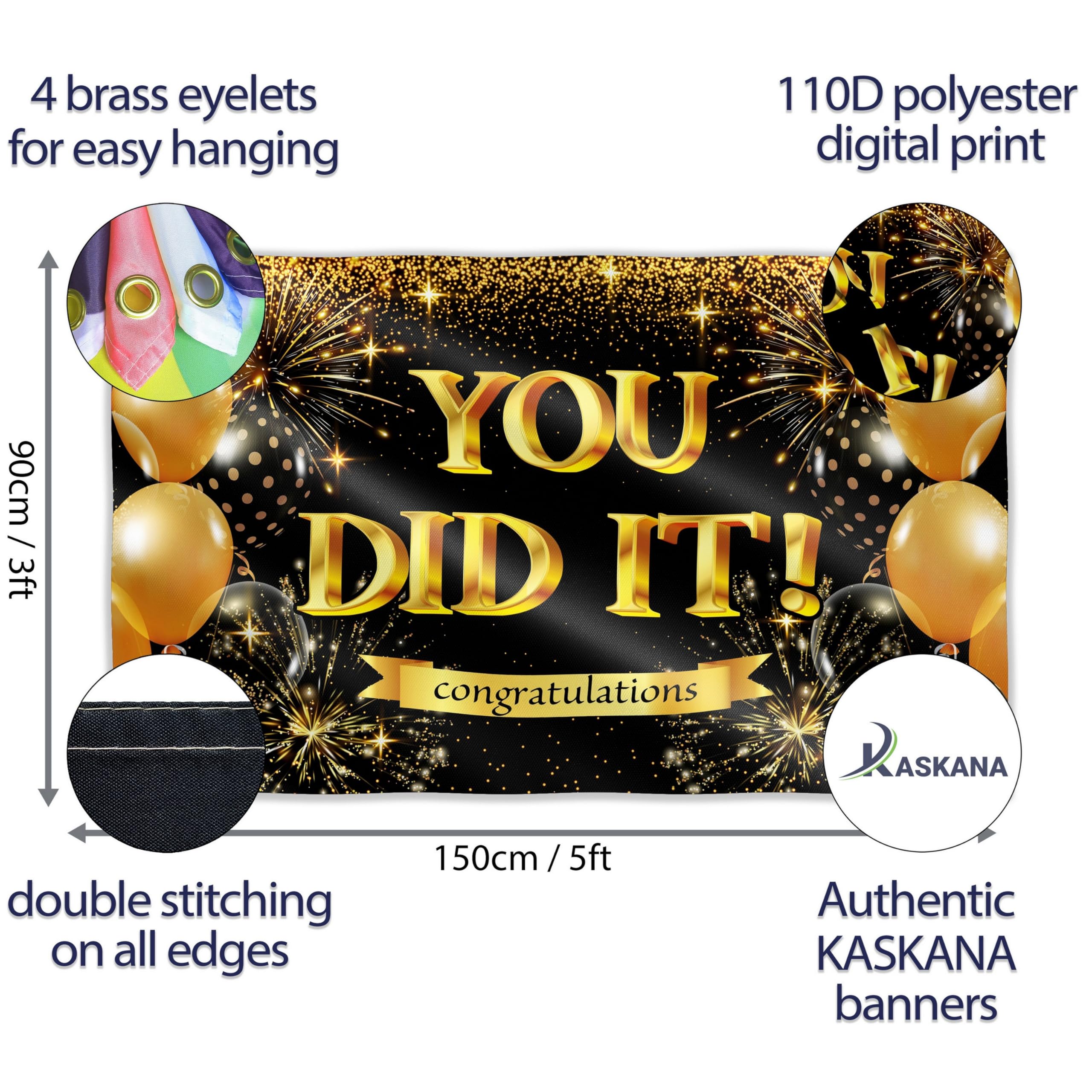 Congratulations Banner - Graduation Decorations 5x3ft - You Did It Banner - We are so Proud of You - Well Done (Black & Gold) - Image 2