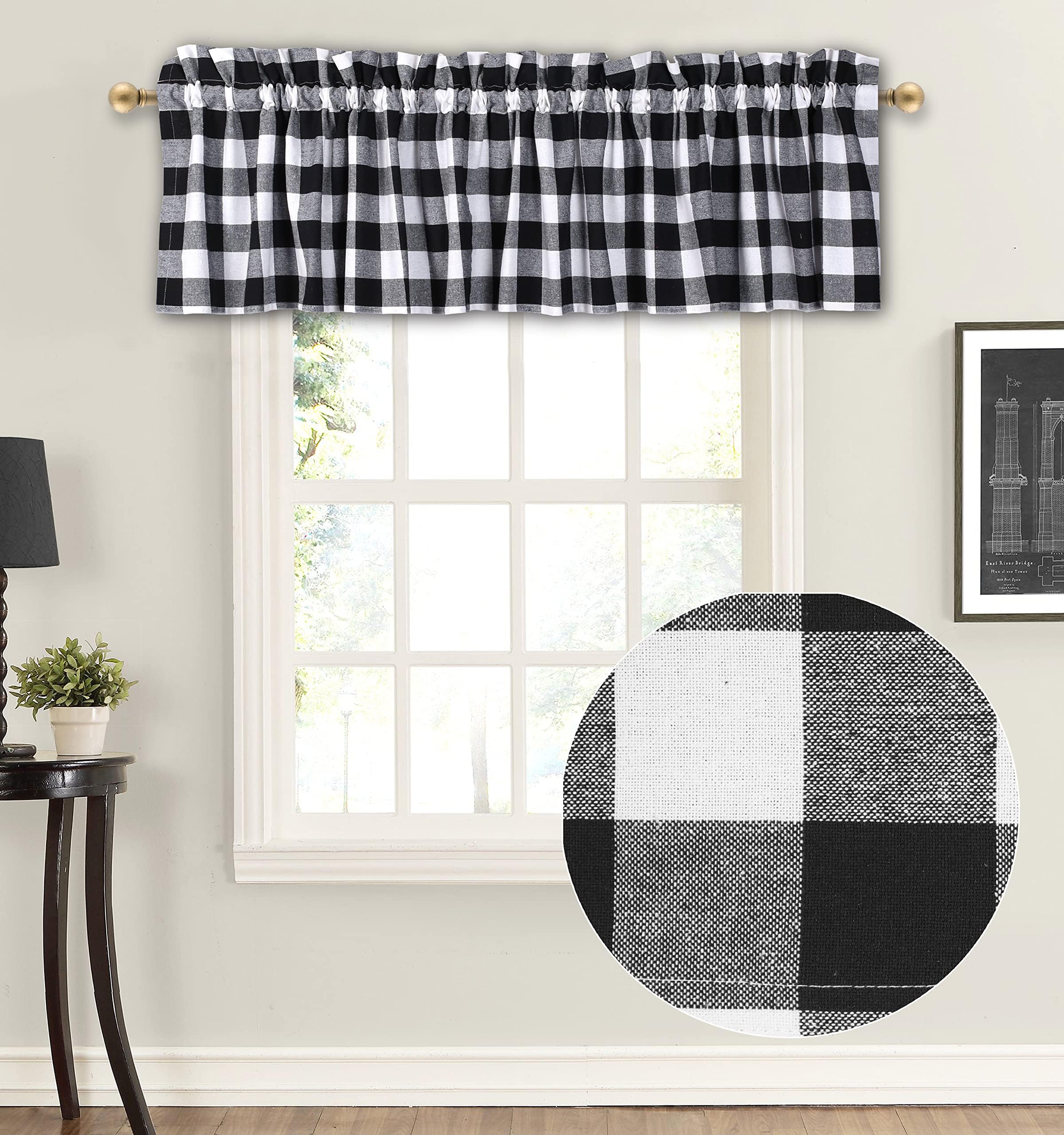 Black and White Buffalo Check Valance for Windows Kitchen Bedroom Bathroom Dining Room, 2 Inch Rod Pocket Valances with Lace - 16x72 inch - 2 Pack
