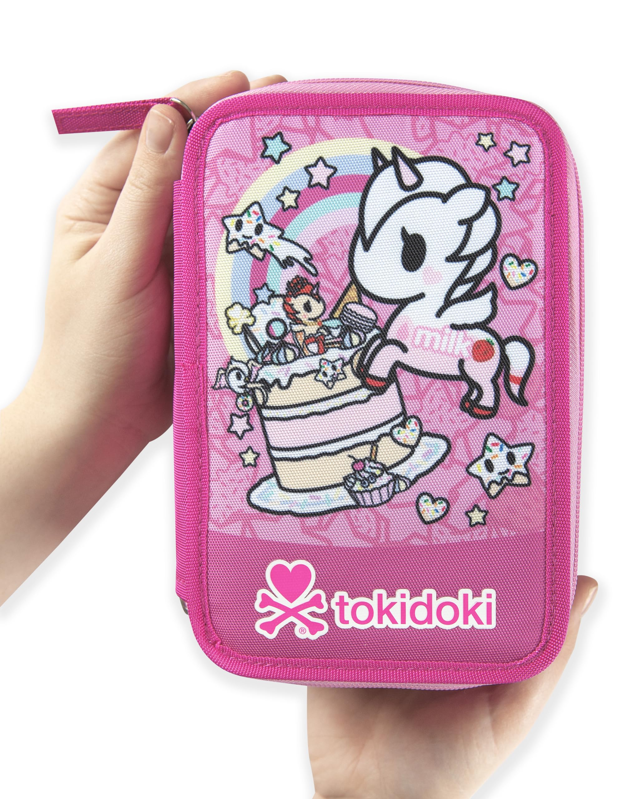 Tokidoki – Estuche escolar oficial Tokidoki, estuche con 3 compartimentos para niña y niño con juego de papelería, bolígrafo borrable azul, práctico cierre de cremallera, 20 x 13 x 7 cm, rosa,