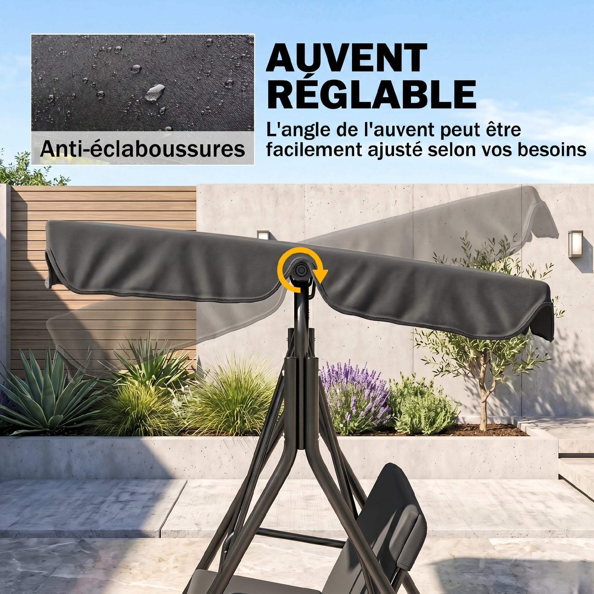 Outsunny Balancelle de Jardin 3 Places Toit Inclinaison réglable Acier Noir