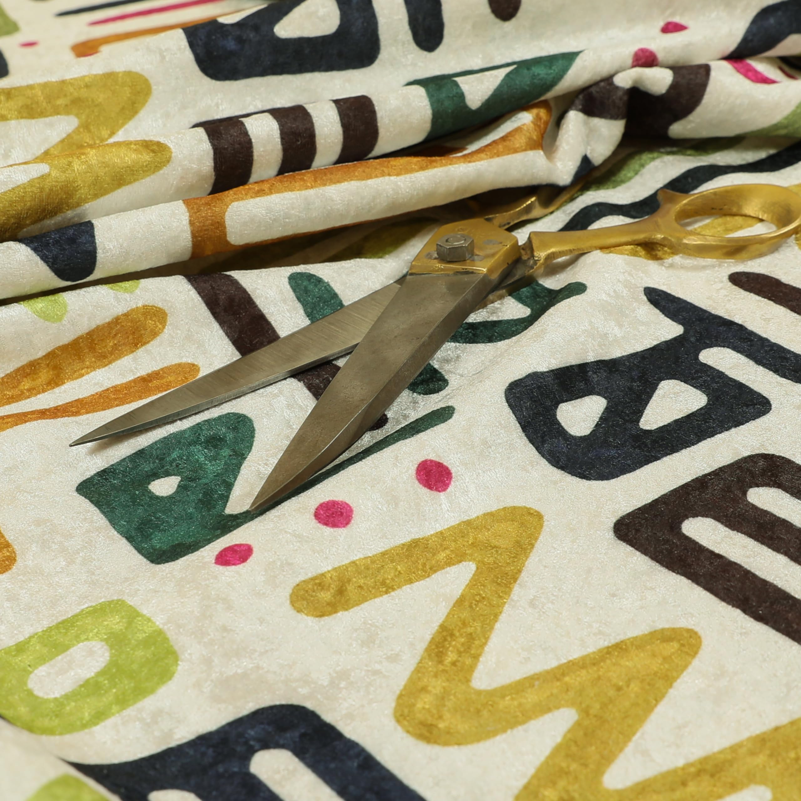 Redbrick Mill Fabrics Flame Retardant Multi Coloured Tribal Script Geometric Pattern Shiny Velvet Upholstery Fabrics (1 Metre)