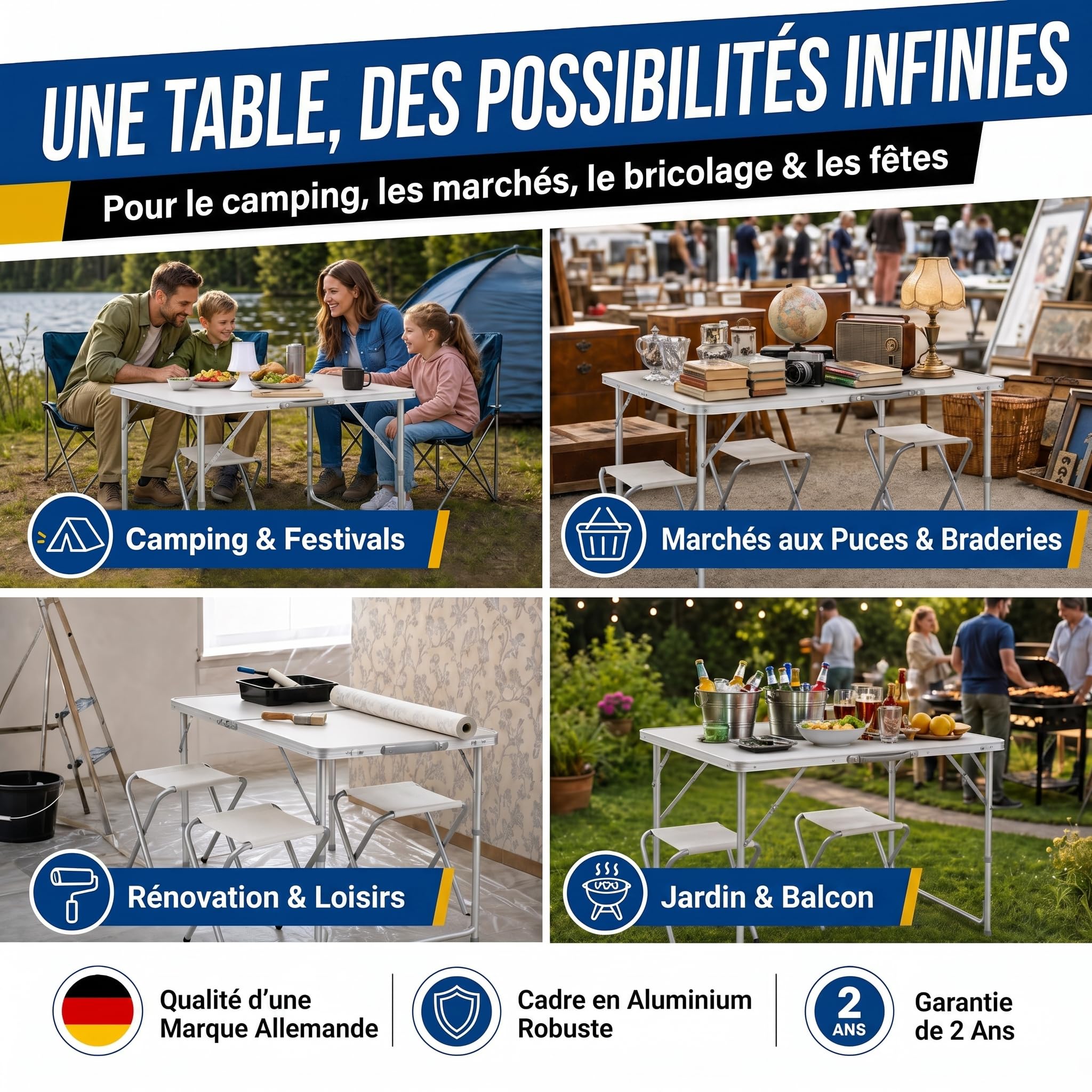 GOODS+GADGETS® Table Pliante Aluminium 120x60 cm avec 4 Chaises