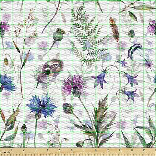 Miniatura 2 de Ambesonne The Yard, tela de cardo dibujado a mano, diseño de flores silvestres de verano como aciano y cardo, tela decorativa para tapicería y