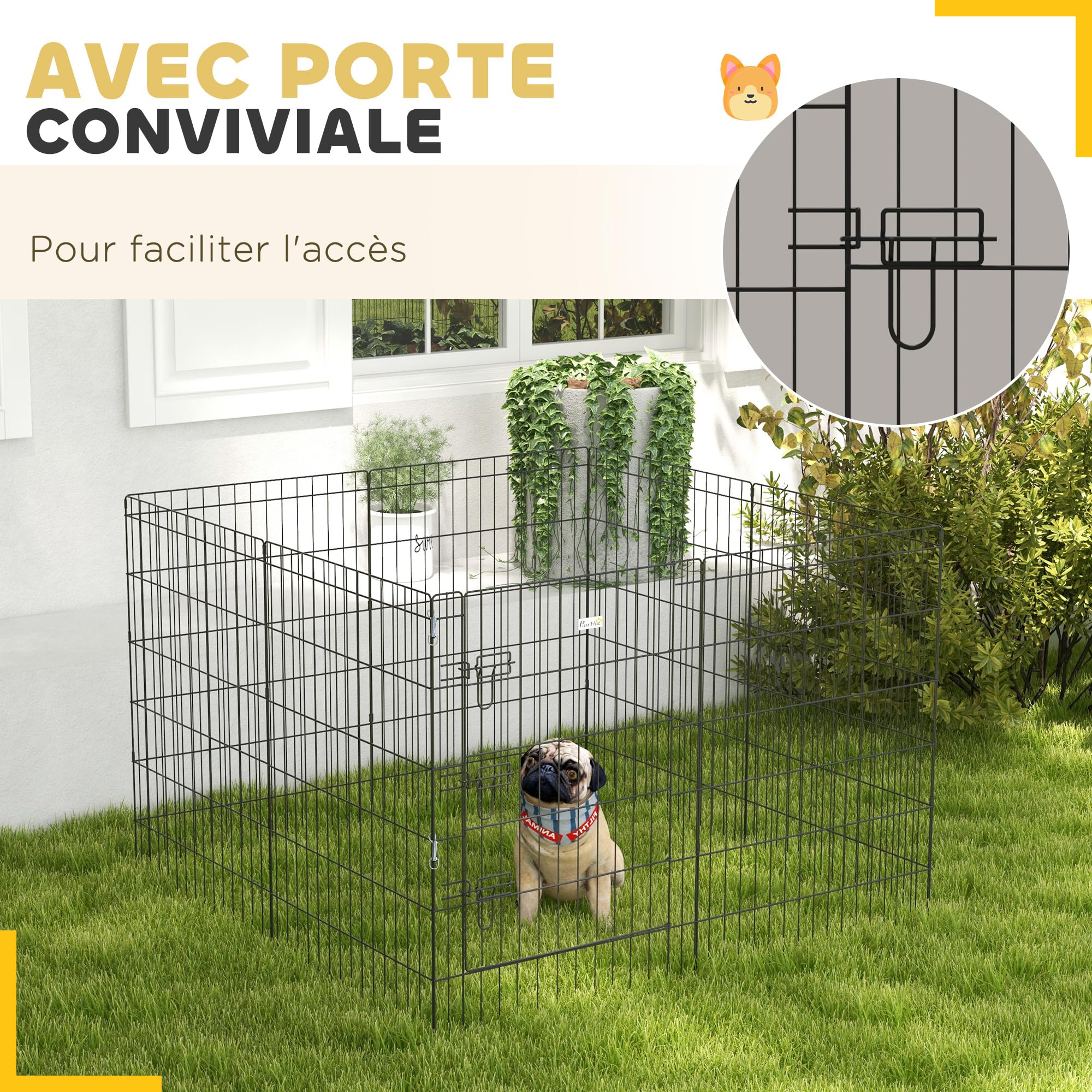 PawHut Parco recinto modulabile per Cani Conigli roditori Recinzione per Piccoli Animali Interni ed Esterni Pieghevole 1 Porta 8 Pannelli in Filo Metallico Porta bloccabile 61 x 91 cm Nero