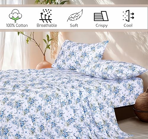 Miniatura 5 de RUVANTI Sábanas 100% algodón percal tamaño King, diseño floral refrescante y transpirable, duraderas, con una sensación nítida, suave y cómoda,