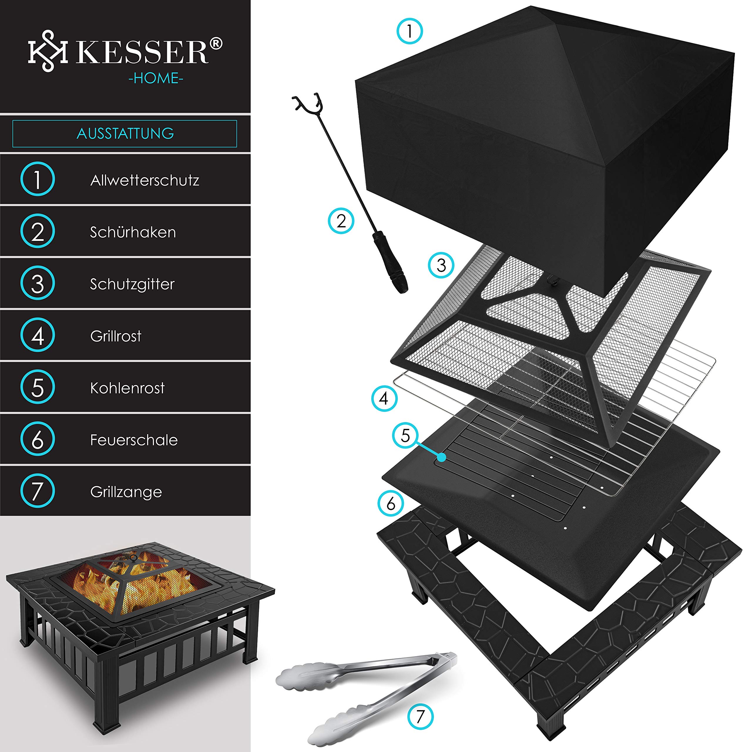 KESSER Feuerstelle mit Grillrost & Grillzange Feuerschale 82x82x50cm 3in1 Multifunktional Fire Pit für Heizung BBQ Grill Garten Terrasse