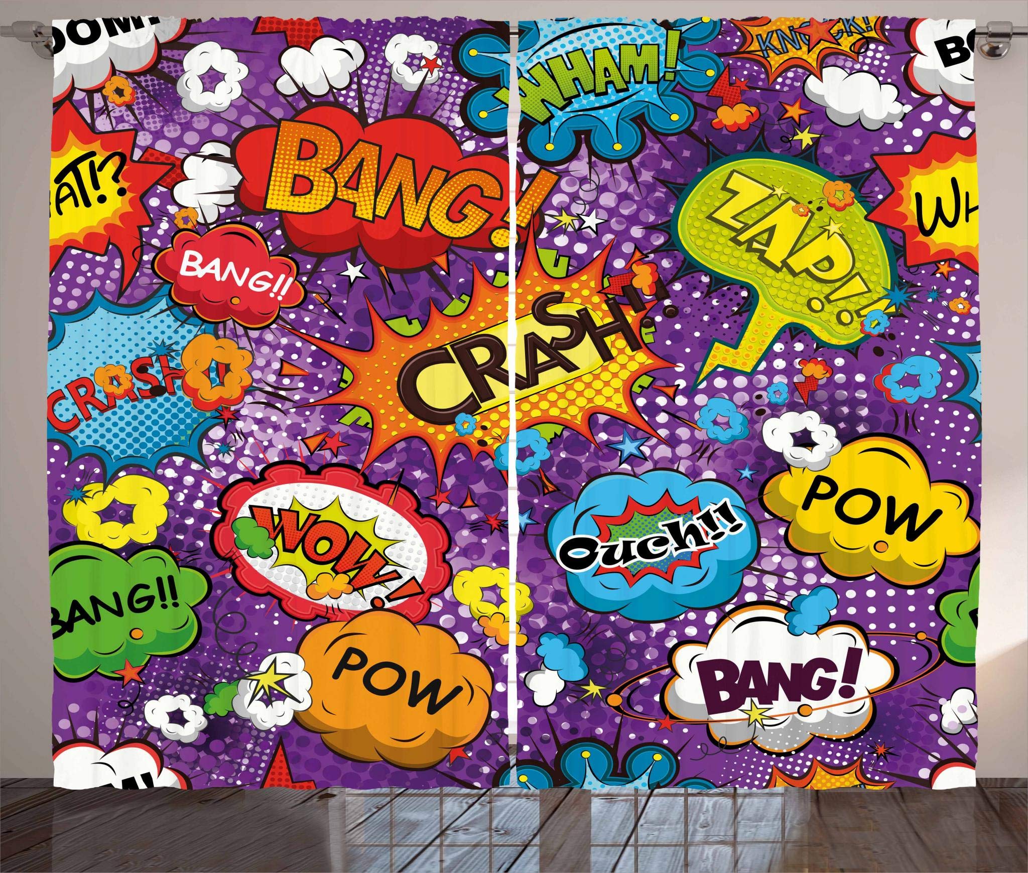 Ambesonne Retro Curtains, Comic Book Style Speech Bubbles Effects Humorous Fun Pop Art Contemporary Design, Living Room Bedroom Window Drapes 2 Panel Set, 108" X 84", Multicolor