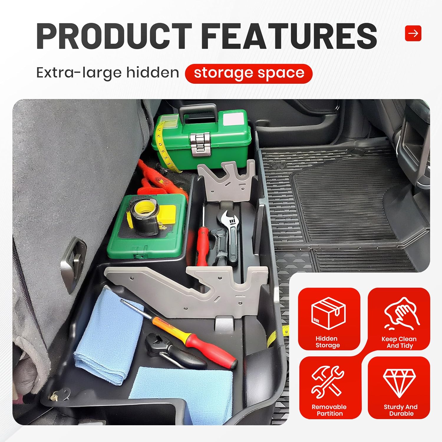 Kojem Under Seat Storage Box Compatible with 2019-2025 Dodge Ram 1500 Crew Cabs (New Body Style) Truck Organizer Back Underseat Container System- Black