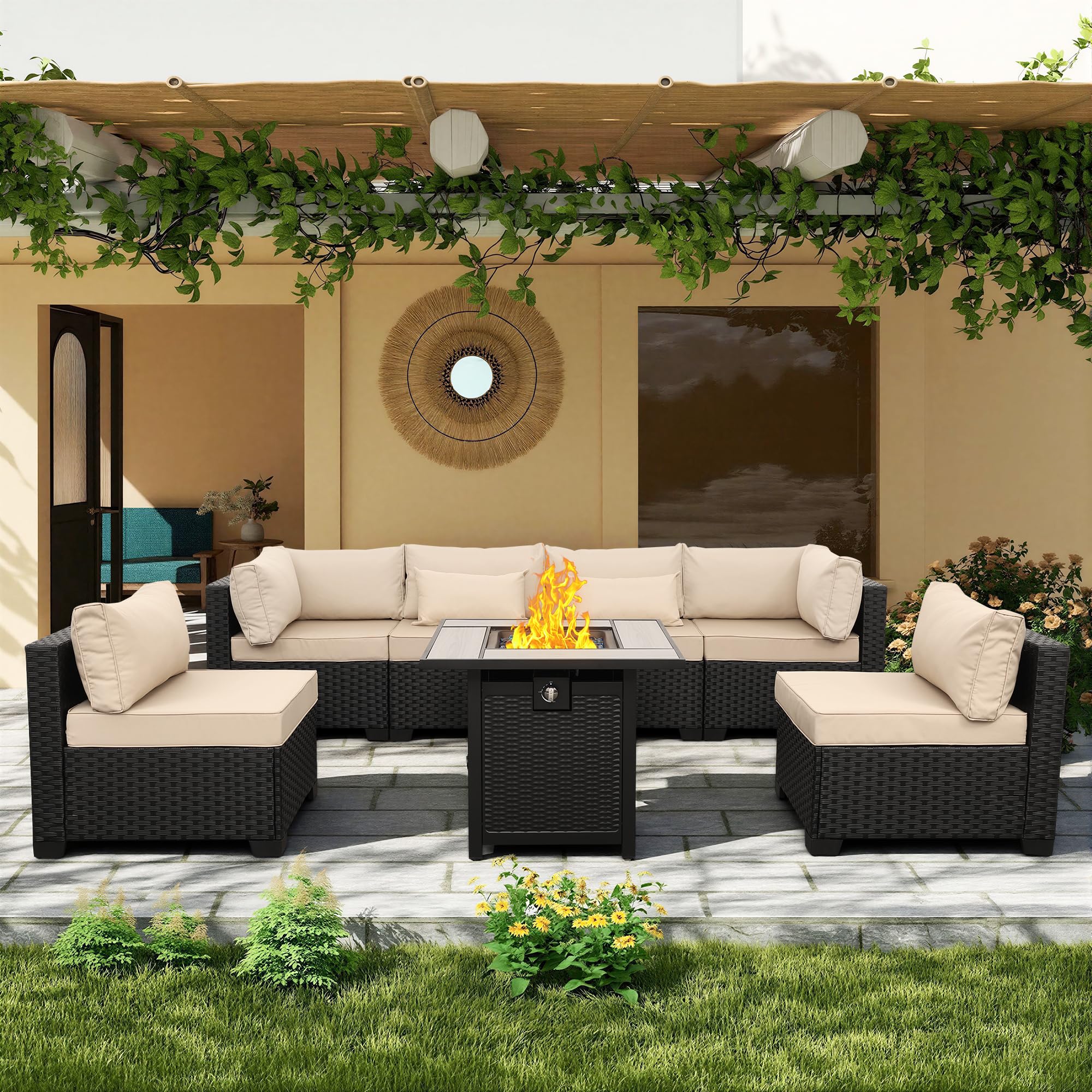 Lviden 7 Pieces Outdoor PE Wicker Furniture Set Patio Rattan Sectional Conversation Sofa Set with Non-Slip Cushions and Fire Pit Table, Khaki