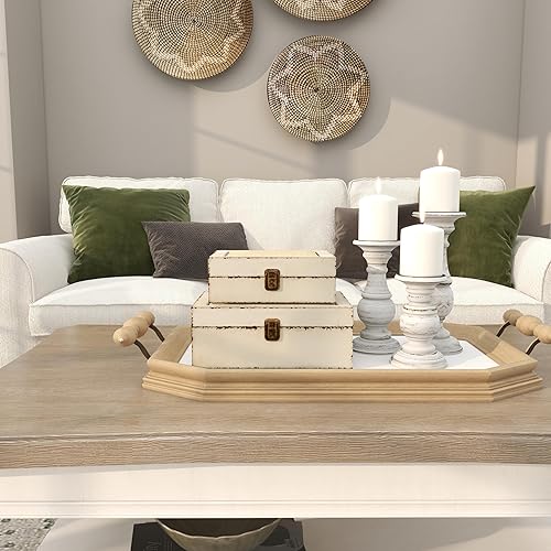 Miniatura 8 de Deco 79 Caja decorativa de madera con tapa con bisagras, juego de 2 cajas de almacenamiento de 10 pulgadas, 8 pulgadas de ancho, color blanco