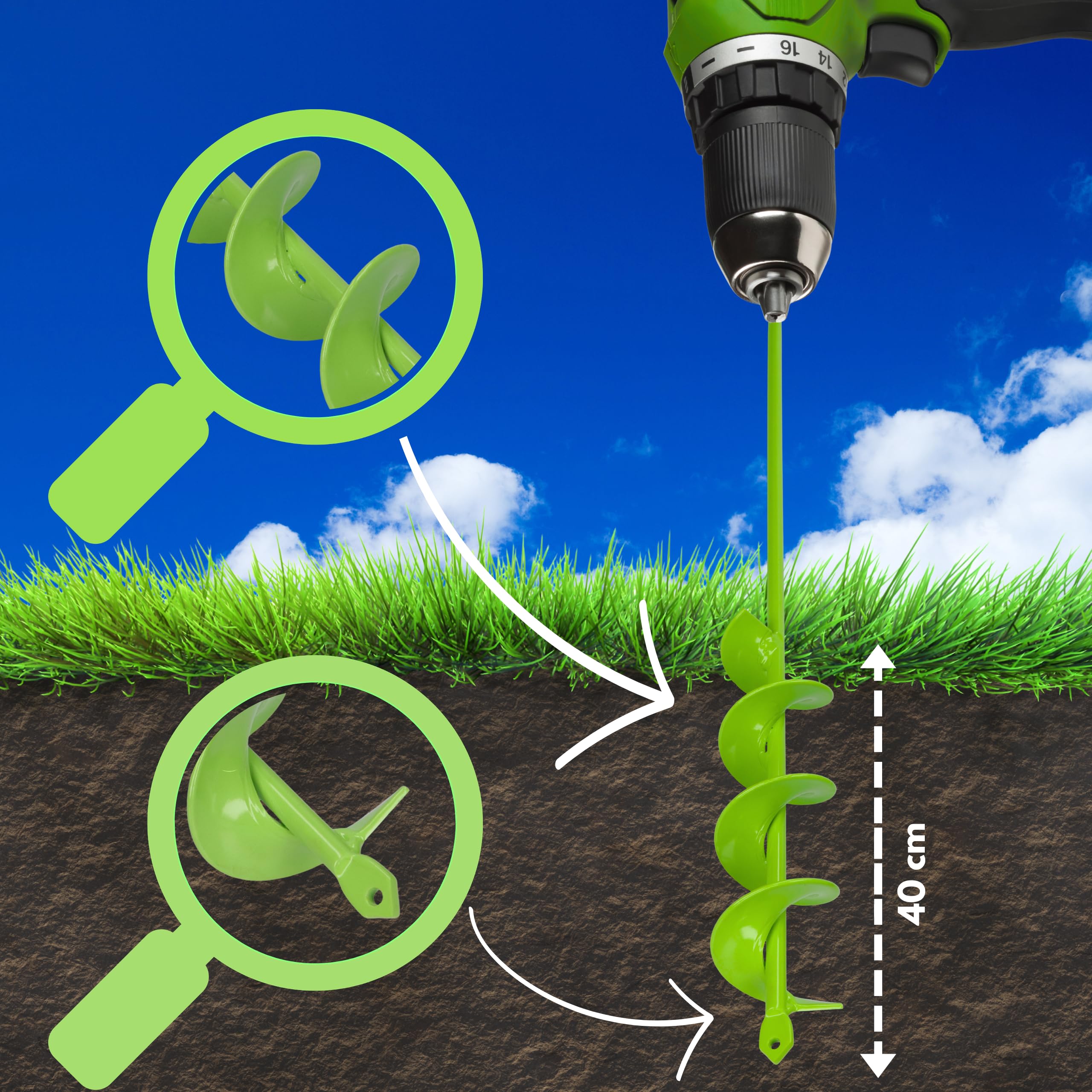 WERHE Punta da terra 40 mm Ø, lunga 450 mm per trapano e avvitatore a batteria – trivella da giardino per piantare senza sforzo fiori, arbusti e scavare fori per pali di recinzione