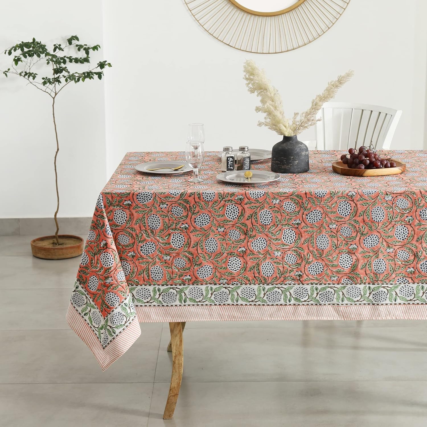 Labhanshi Indian Block Print Table Cloth|Washable Cotton Floral 72x135 Inch Rectangle 10-Seater Rustic FarmHouse Spring Easter Table Top Dining Cloth|Baby Shower Birthday Party Decor |Dark Salmon Pink