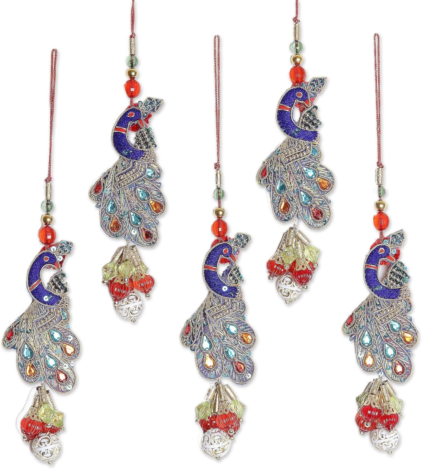 NOVICA Hand Beaded Multi-Color Christmas Holiday Ornaments, 'Mughal Peacocks' (Set of 5), Handmade in India