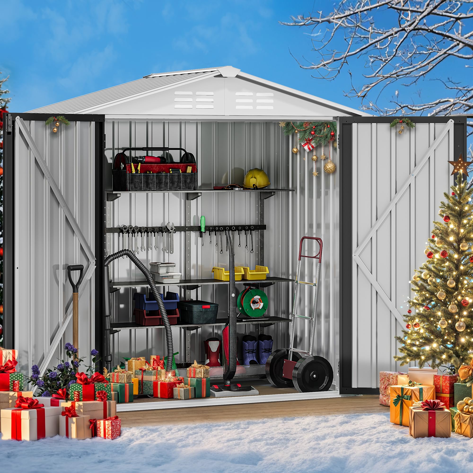DWVO 6x4ft Storage Shed for Outdoors, Metal Sturdy Weatherproof Tool Locker with Secure Door and Ventilation for Equipment, Mowers, Bikes, Outdoor Spaces, White