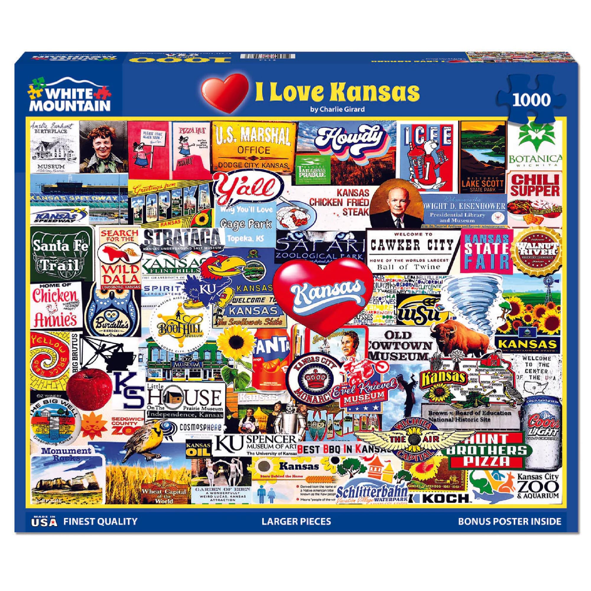 White Mountain I Love Kansas Puzzle 1000 Piece State Collage Large Piece Jigsaw Puzzles Gifts for Adults and Family 24"x30"