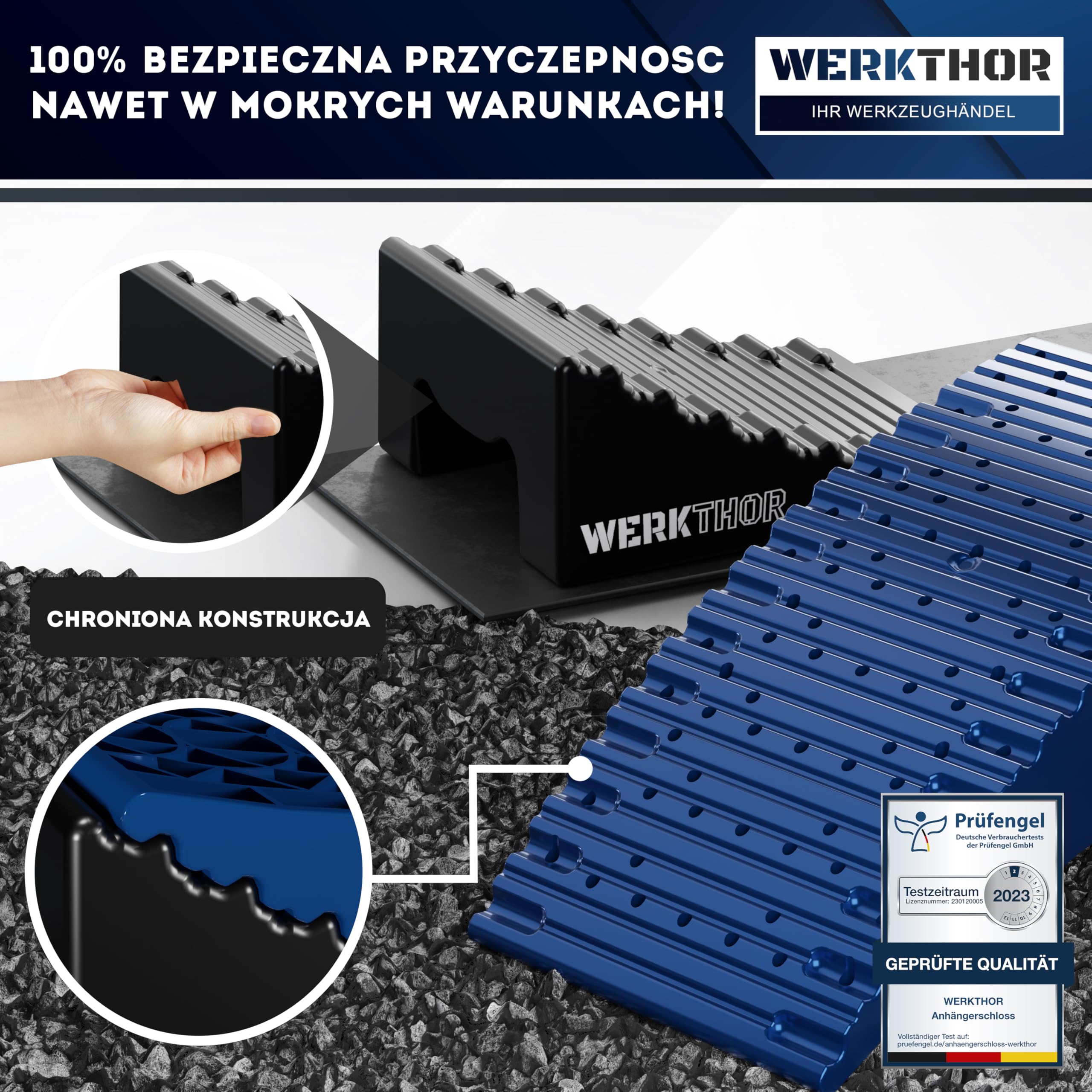 WERKTHOR Kliny pod Koł do Kamperów (Niebieskie) - [Zestaw 2] Sprawdzone Kliny pod Koła do Przyczep Kempingowych, Kamperów i Przyczep [<13,5 t] - Bezstopniowe Kliny pod Koła Wraz z Torbą